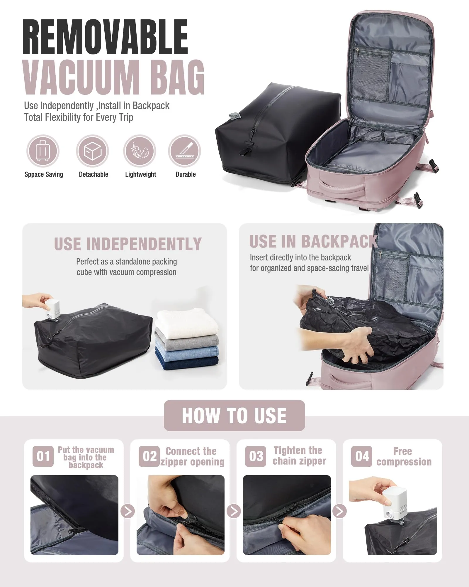 BJLFS Zaino da Viaggio Sottovuoto con Pompa, 40x30x20 cm, Impermeabile per Ryanair, Wizzair, Easyjet, Donna - immagine 3