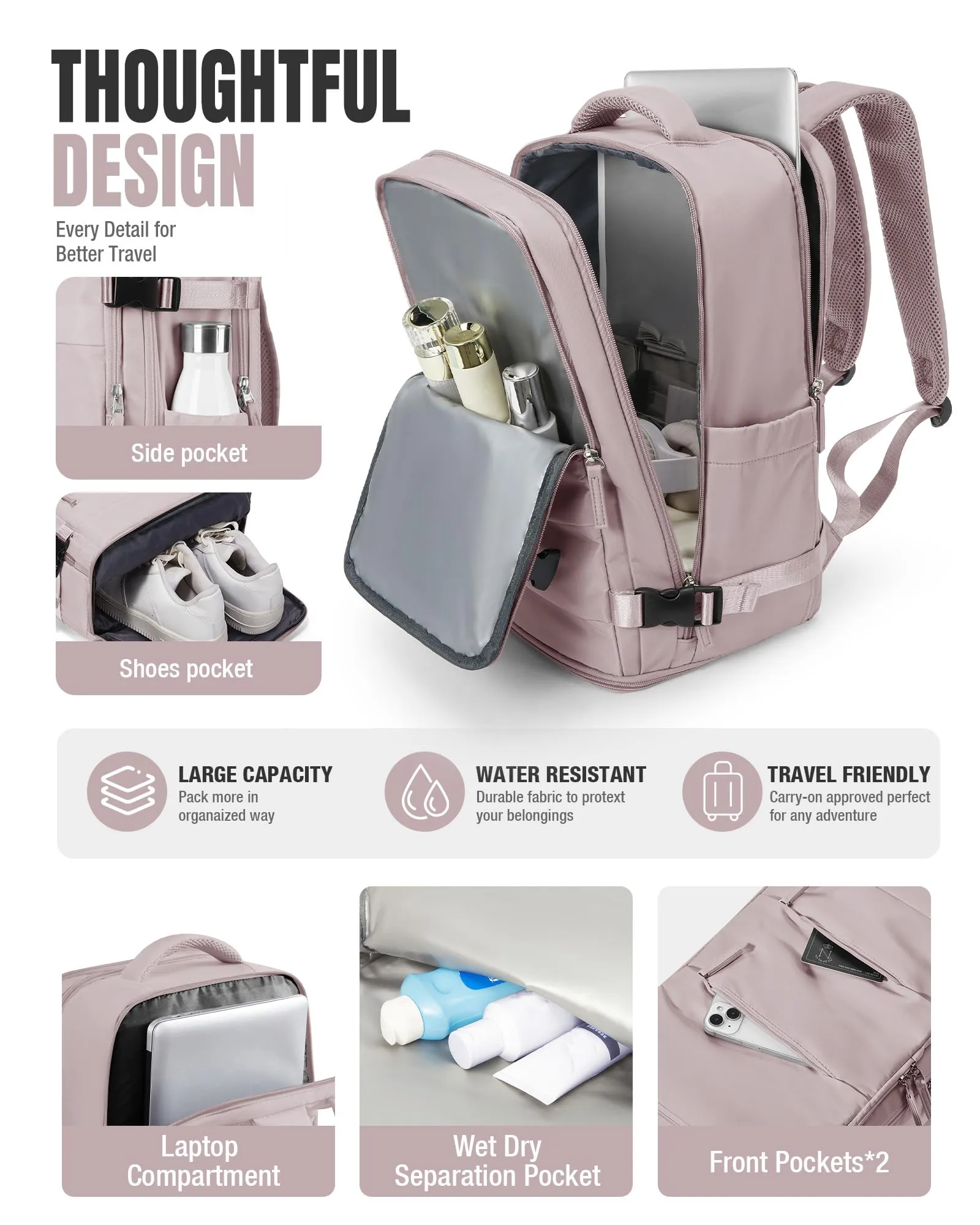BJLFS Zaino da Viaggio Sottovuoto con Pompa, 40x30x20 cm, Impermeabile per Ryanair, Wizzair, Easyjet, Donna - immagine 4