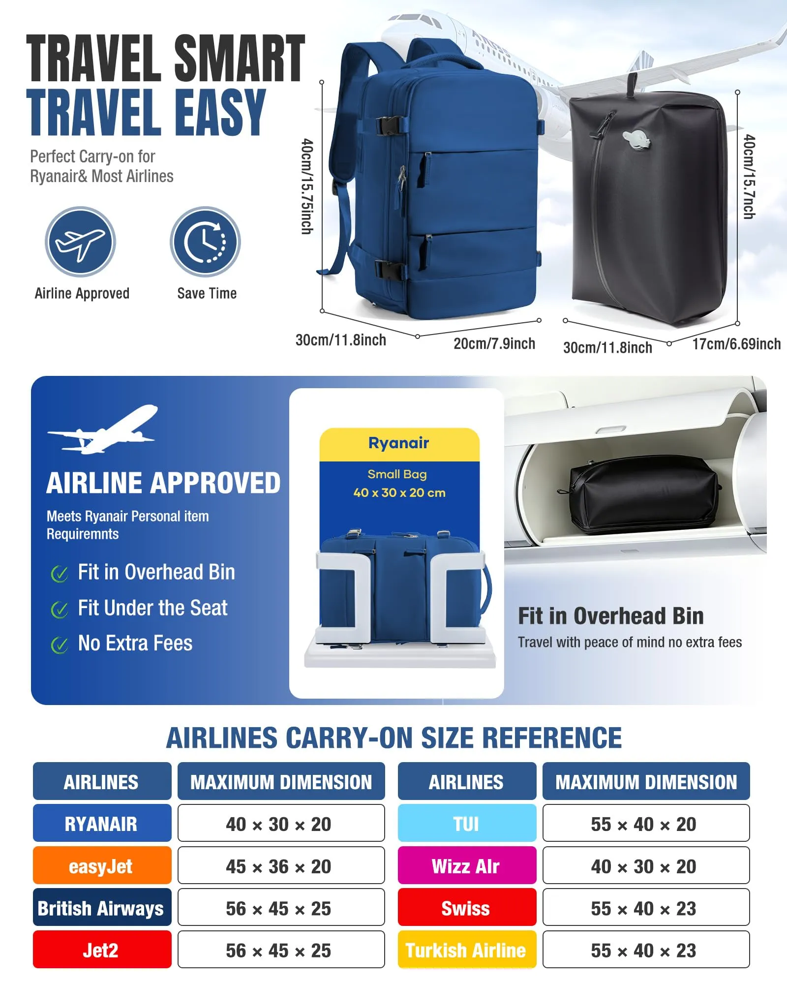 BJLFS Zaino da Viaggio Ryanair 40x30x20 Sottovuoto con Pompa - immagine 2