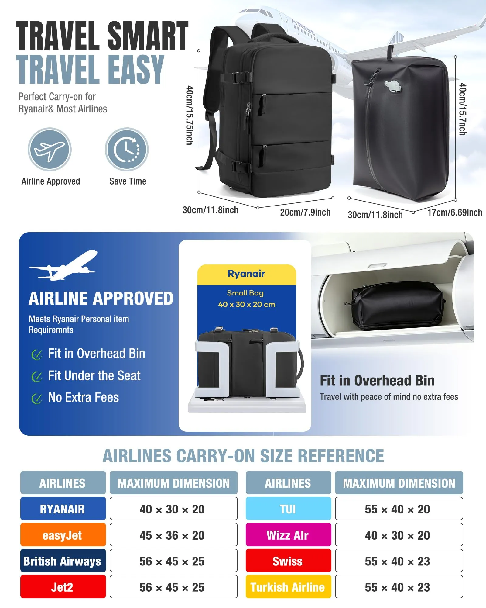 BJLFS Zaino Ryanair 40x30x20 Sottovuoto con Pompa da Viaggio Aereo - immagine 2