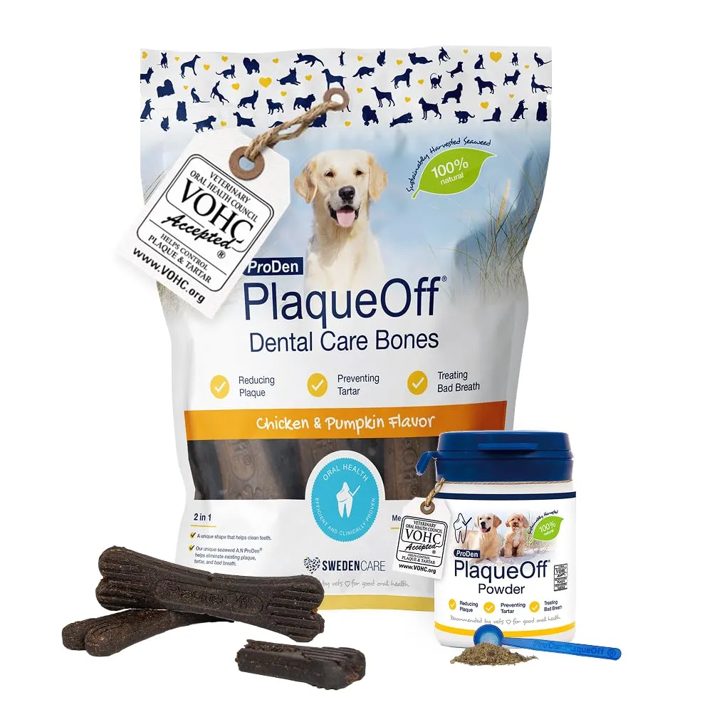 ProDen PlaqueOff Kit per Cani Medi e Grandi: Polvere Dentale 60g + 13 Dental Bones Pollo e Zucca - immagine 1