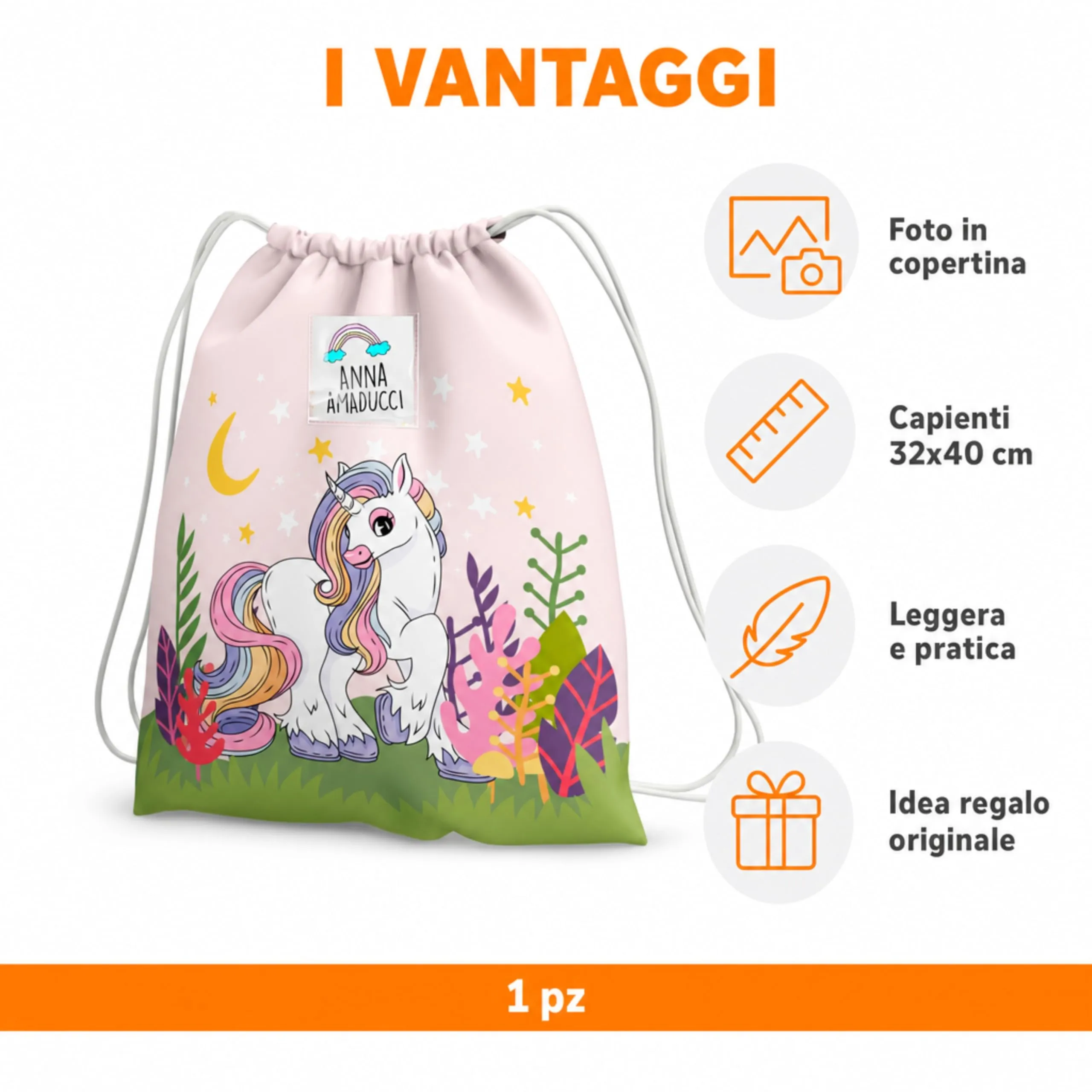 KAÏDENSÏ Sacca Asilo Personalizzata Unicorno Viola e Lilla con Foto, 32x40 cm - immagine 2