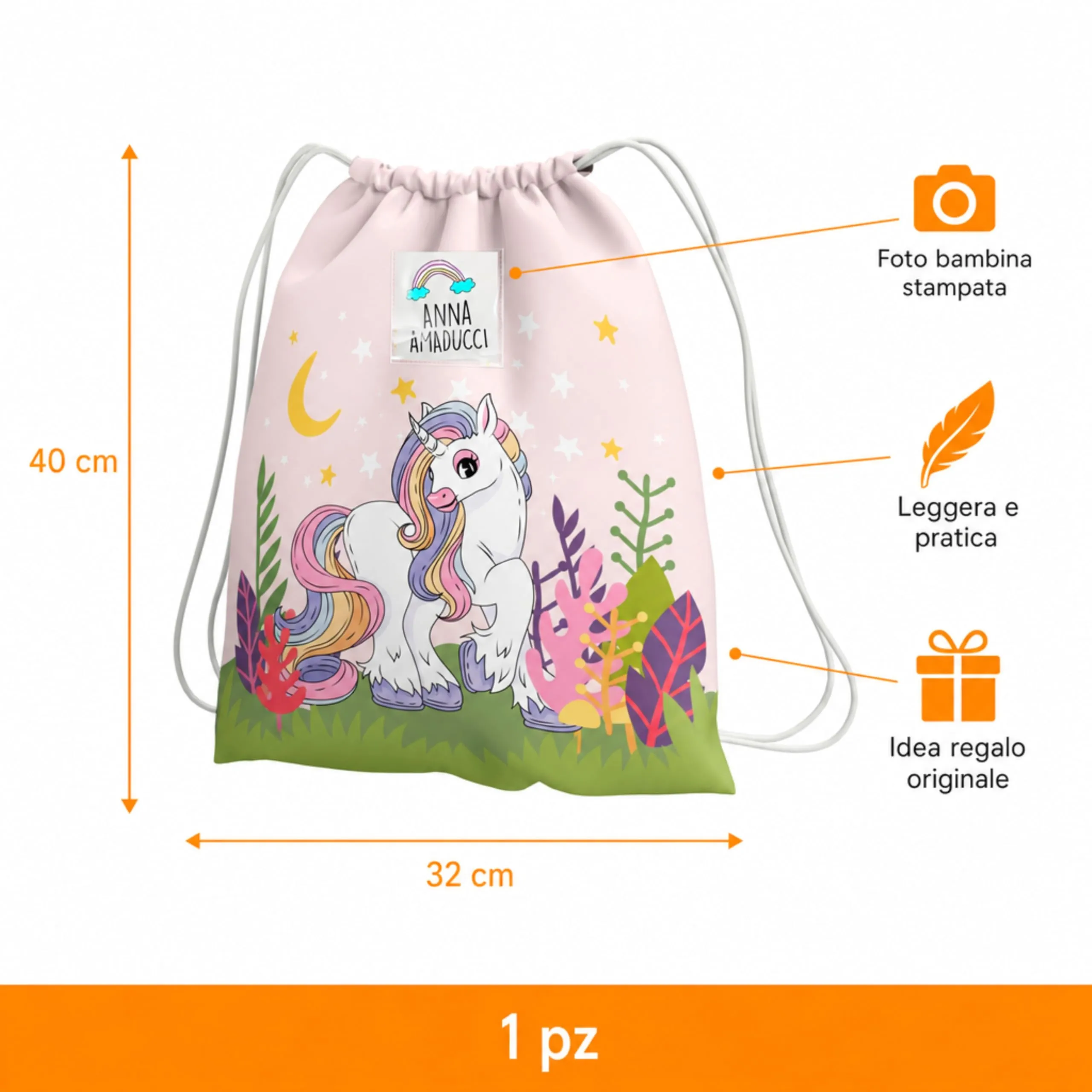 KAÏDENSÏ Sacca Asilo Personalizzata Unicorno Viola e Lilla con Foto, 32x40 cm - immagine 3