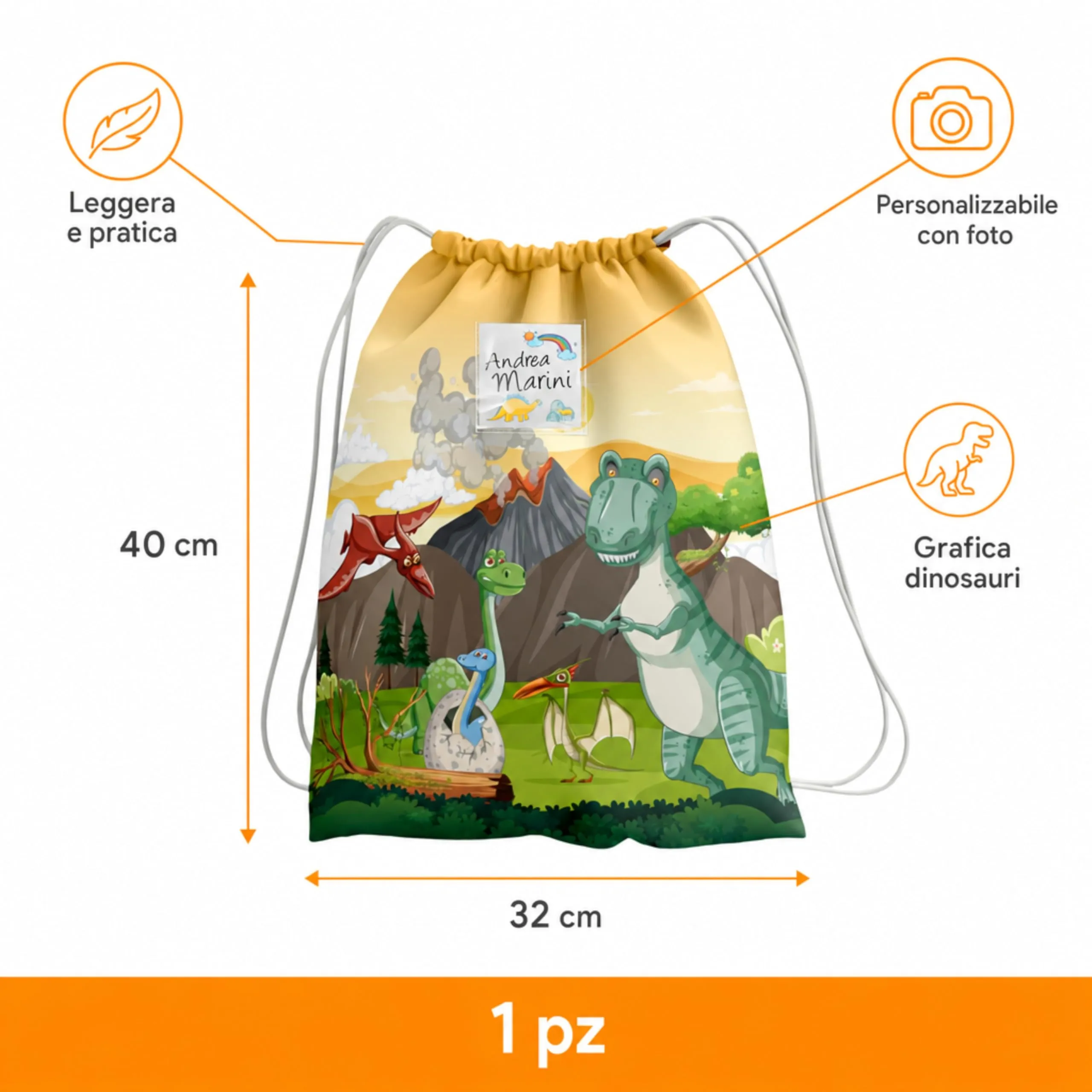 KAÏDENSÏ Sacca Asilo Personalizzata Dinosauri con Foto, 32x40 cm - immagine 2