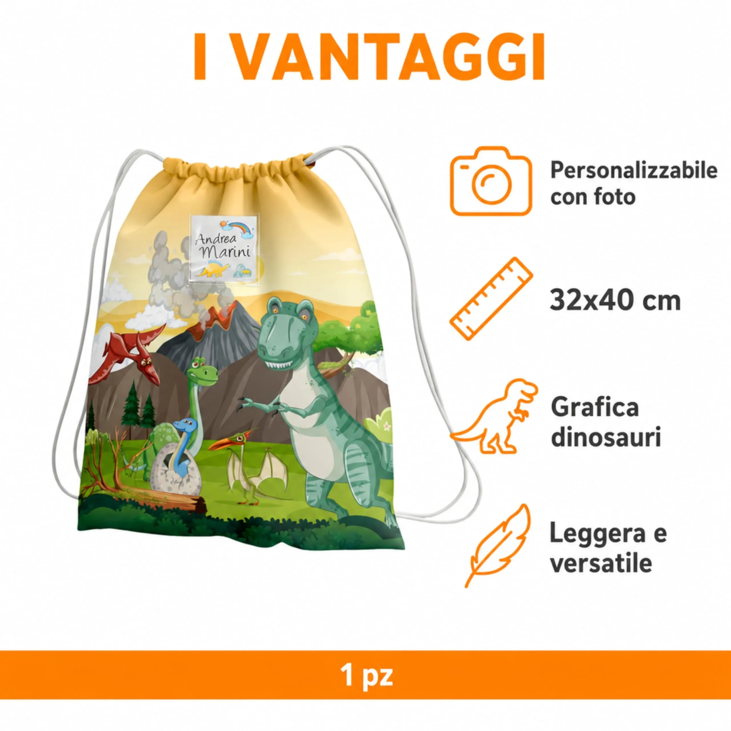 KAÏDENSÏ Sacca Asilo Personalizzata Dinosauri con Foto, 32x40 cm - immagine 3