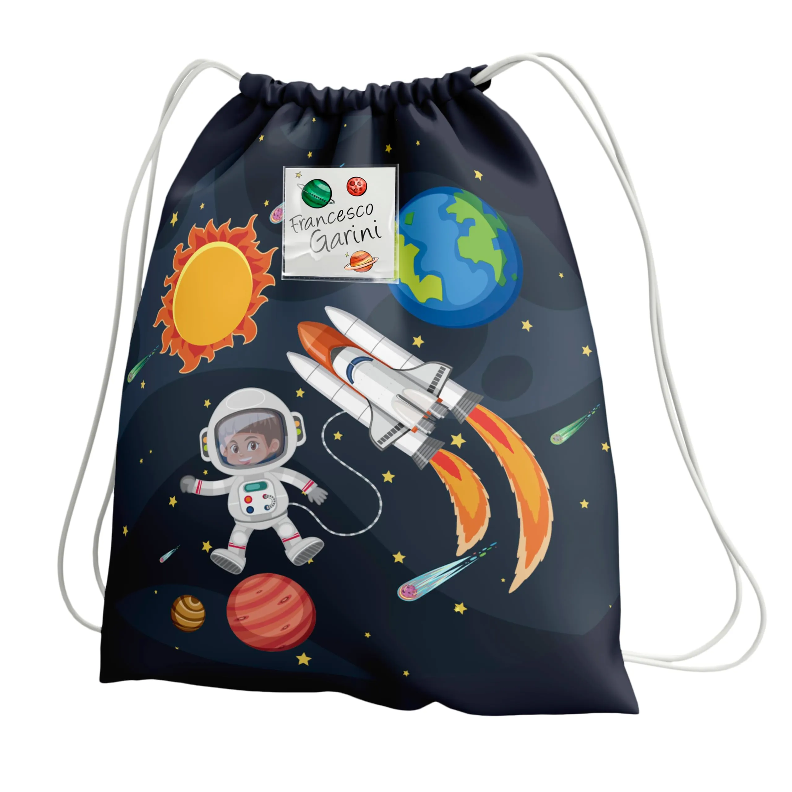 KAÏDENSÏ Sacca Asilo Personalizzata Spazio con Foto, 32x40 cm - Tema Astronauta, Razzo, Pianeti - immagine 1
