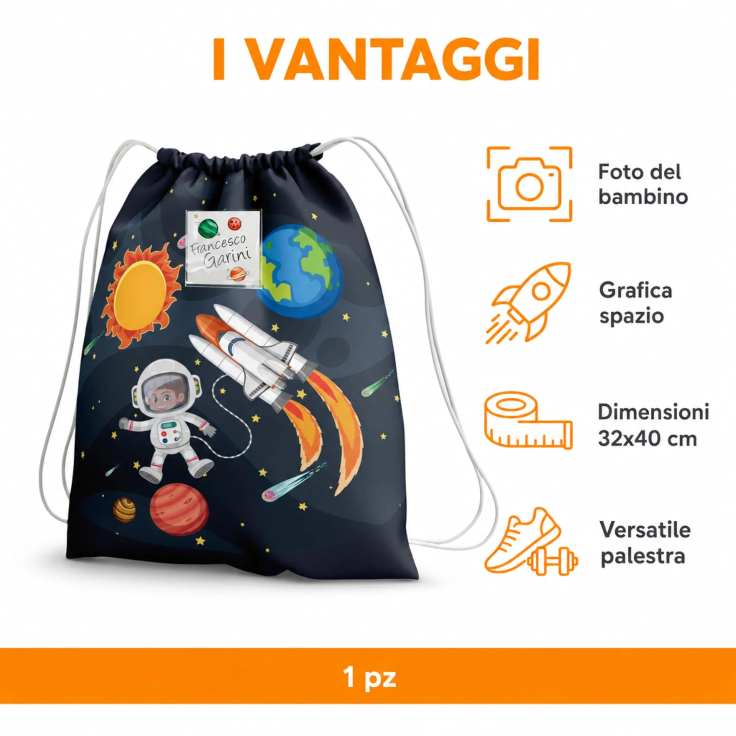 KAÏDENSÏ Sacca Asilo Personalizzata Spazio con Foto, 32x40 cm - Tema Astronauta, Razzo, Pianeti - immagine 3