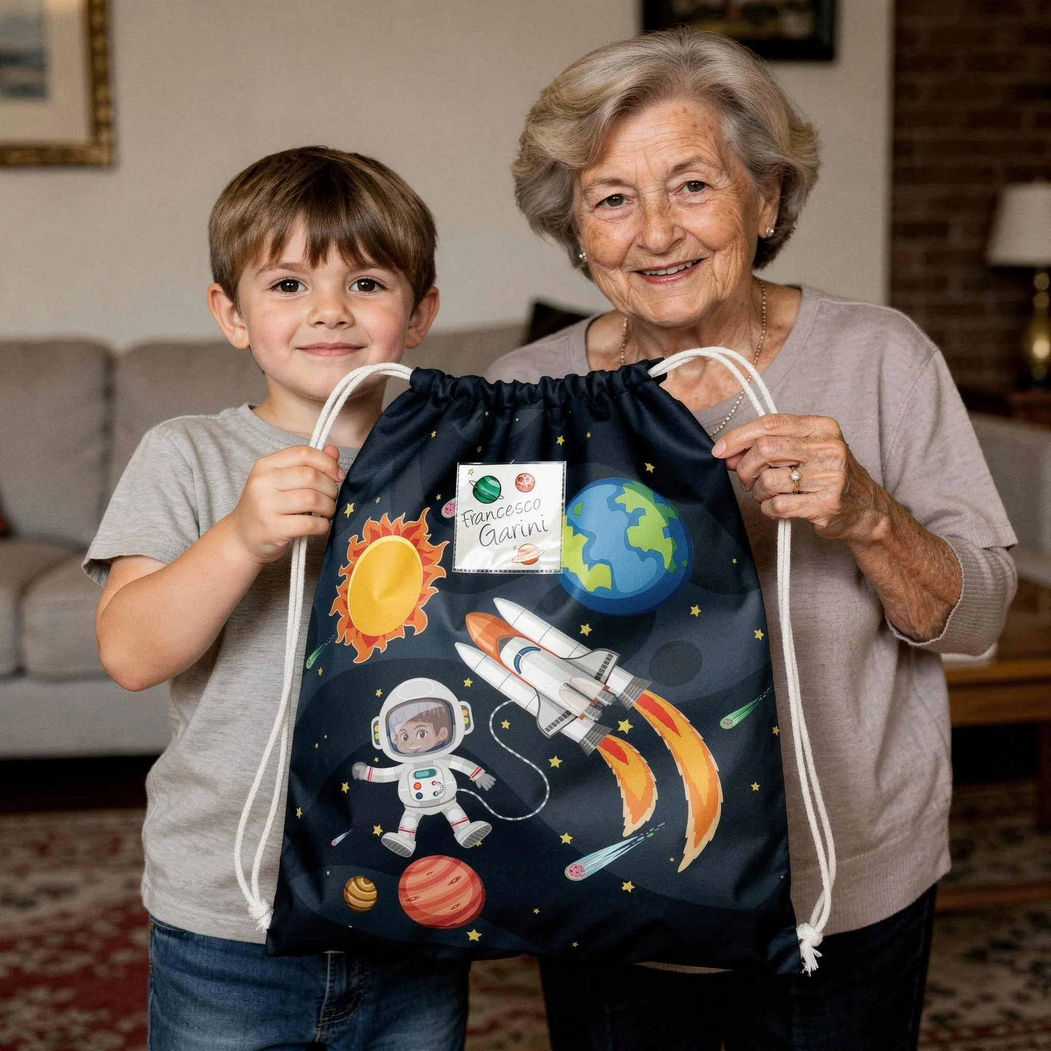 KAÏDENSÏ Sacca Asilo Personalizzata Spazio con Foto, 32x40 cm - Tema Astronauta, Razzo, Pianeti - immagine 6