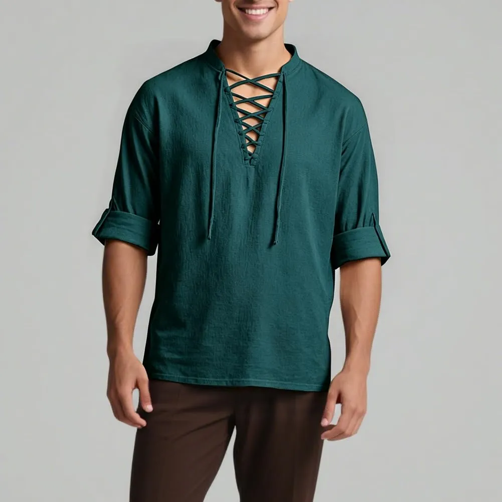 BSBUY Camicia Medievale Rinascimentale da Uomo in Cotone, Stile Henley con Lacci Retrò, Verde Scuro, XXL - immagine 6