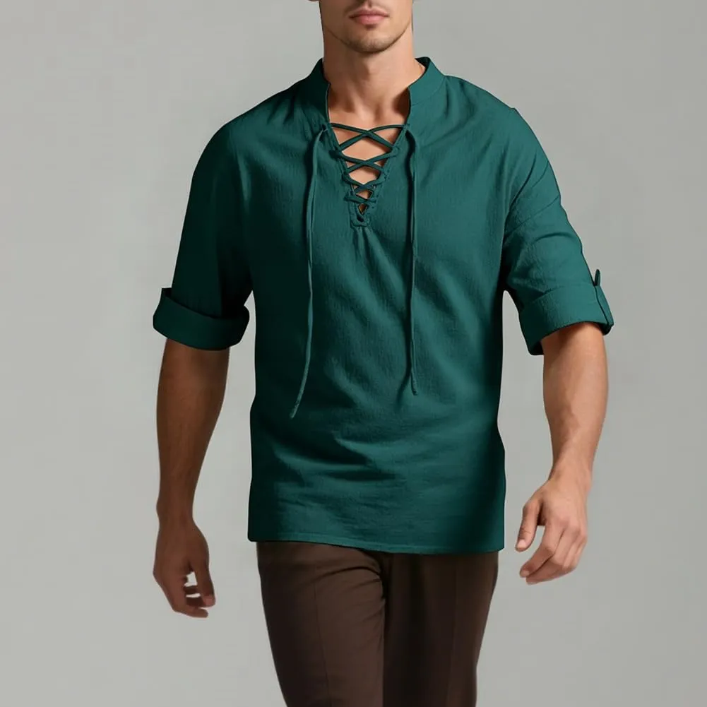 BSBUY Camicia Medievale Rinascimentale da Uomo in Cotone, Stile Henley con Lacci Retrò, Verde Scuro, XXL - immagine 7