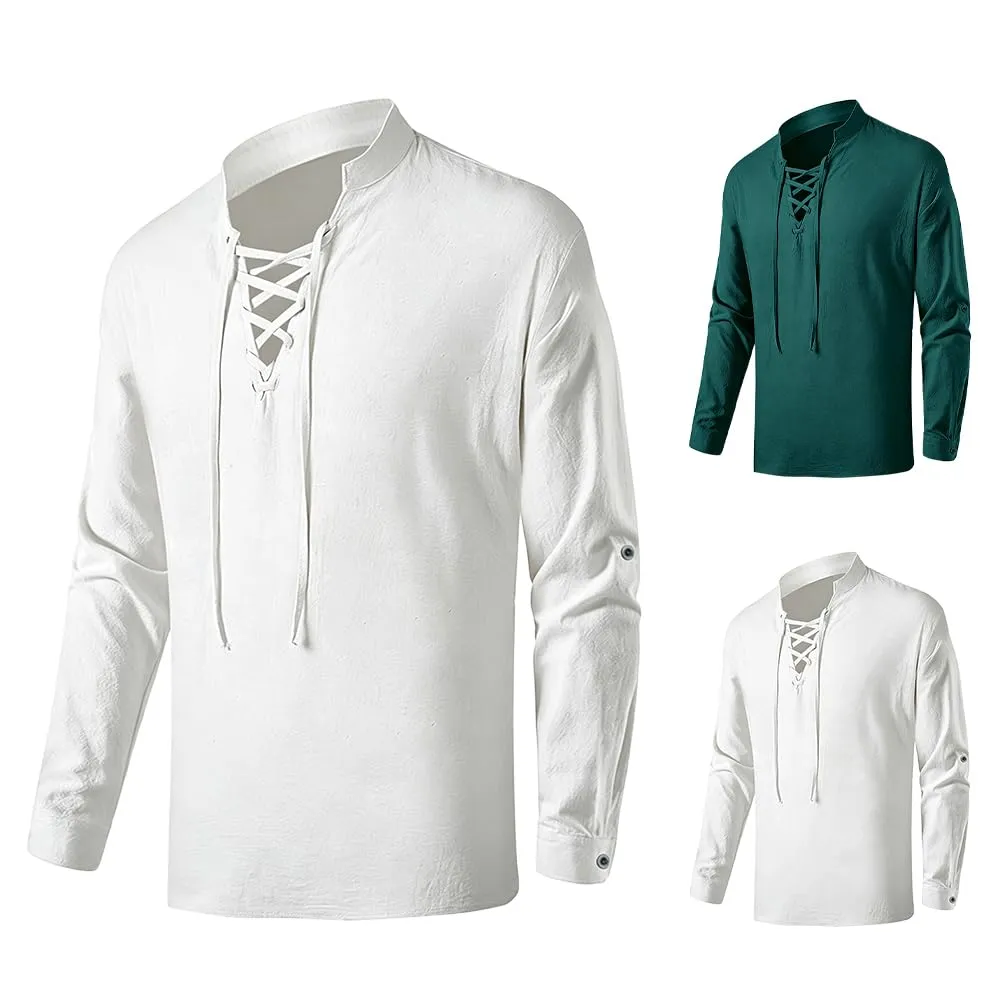 BSBUY Camicia Medievale Rinascimentale da Uomo in Cotone, Stile Henley con Lacci Retrò, Verde Scuro, XXL - immagine 9
