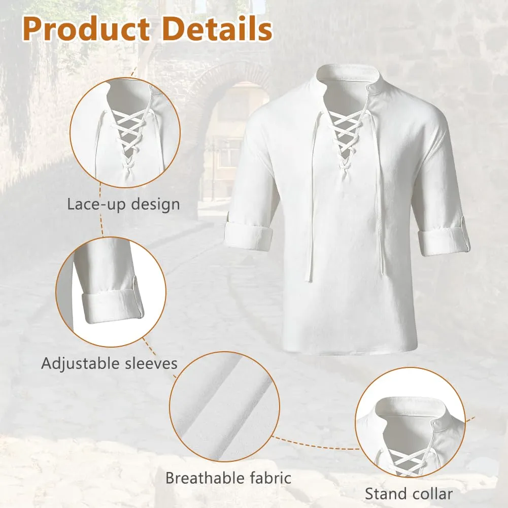 BSBUY Camicia Medievale Uomo Rinascimentale in Cotone Stile Pirata Gotico Bianco XXL - immagine 3