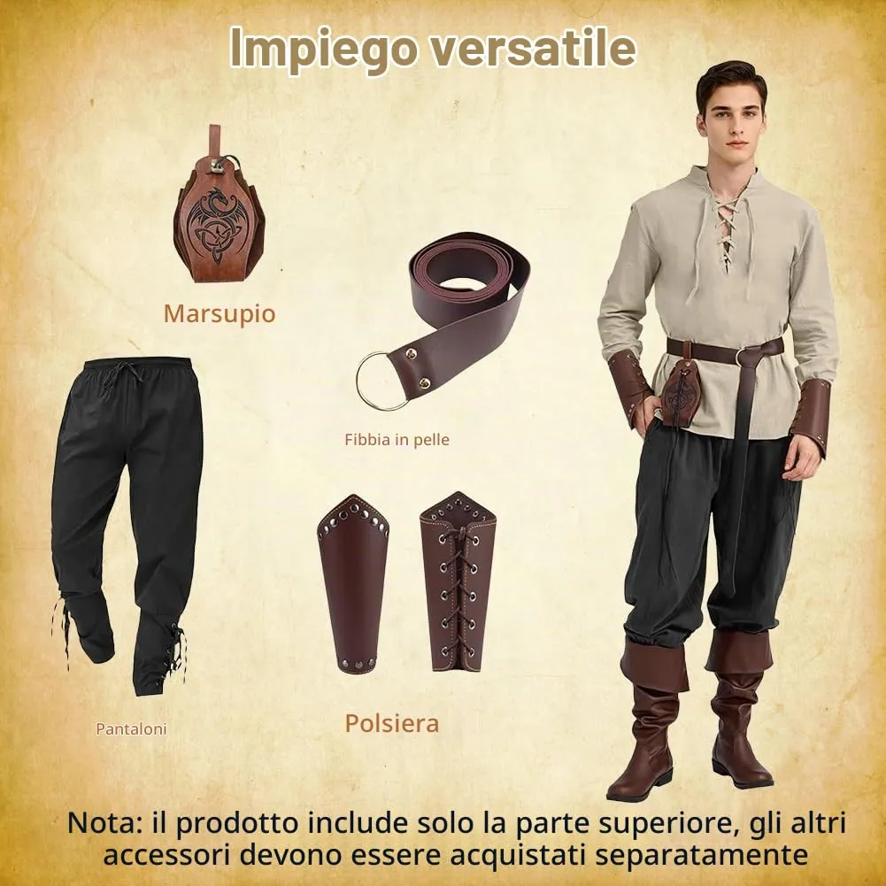 BSBUY Costume Medievale Uomo Camicia Rinascimentale in Cotone Stile Pirata Gotico con Lacci - immagine 5