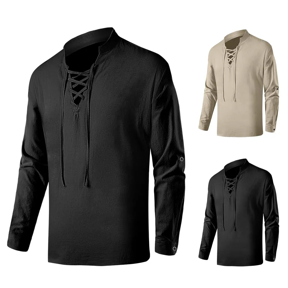 BSBUY Costume Medievale Uomo, Camicia Rinascimentale Vintage in Cotone con Lacci, Stile Gotico Pirata, Nero - immagine 1