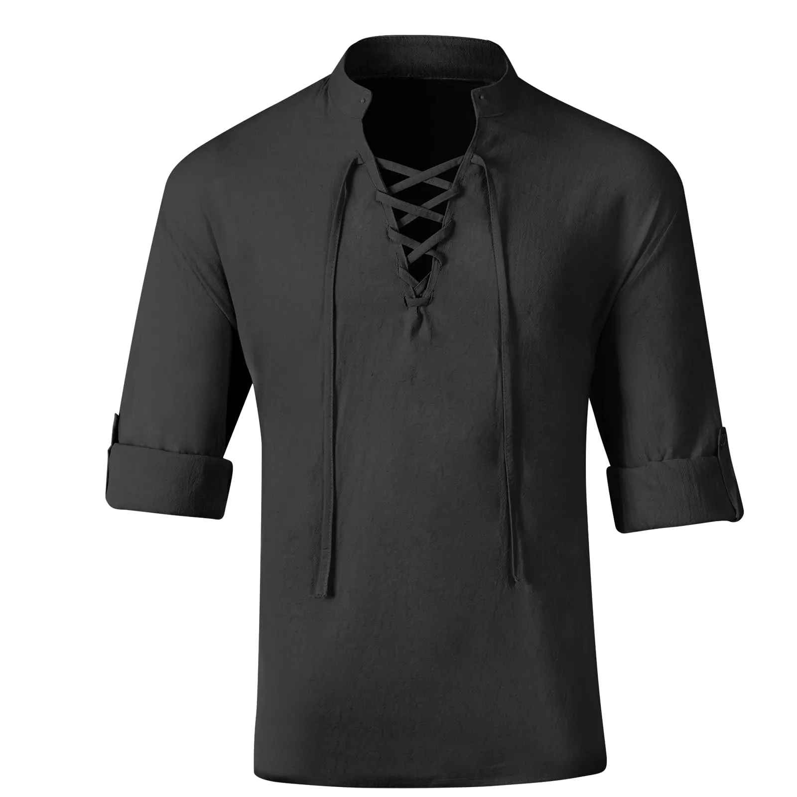 BSBUY Costume Medievale Uomo, Camicia Rinascimentale Vintage in Cotone con Lacci, Stile Gotico Pirata, Nero - immagine 9