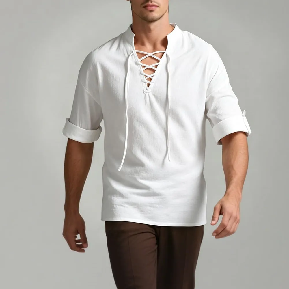 BSBUY Camicia Medievale da Uomo in Cotone, Stile Rinascimentale e Punk con Lacci, Bianco, 3XL - immagine 7
