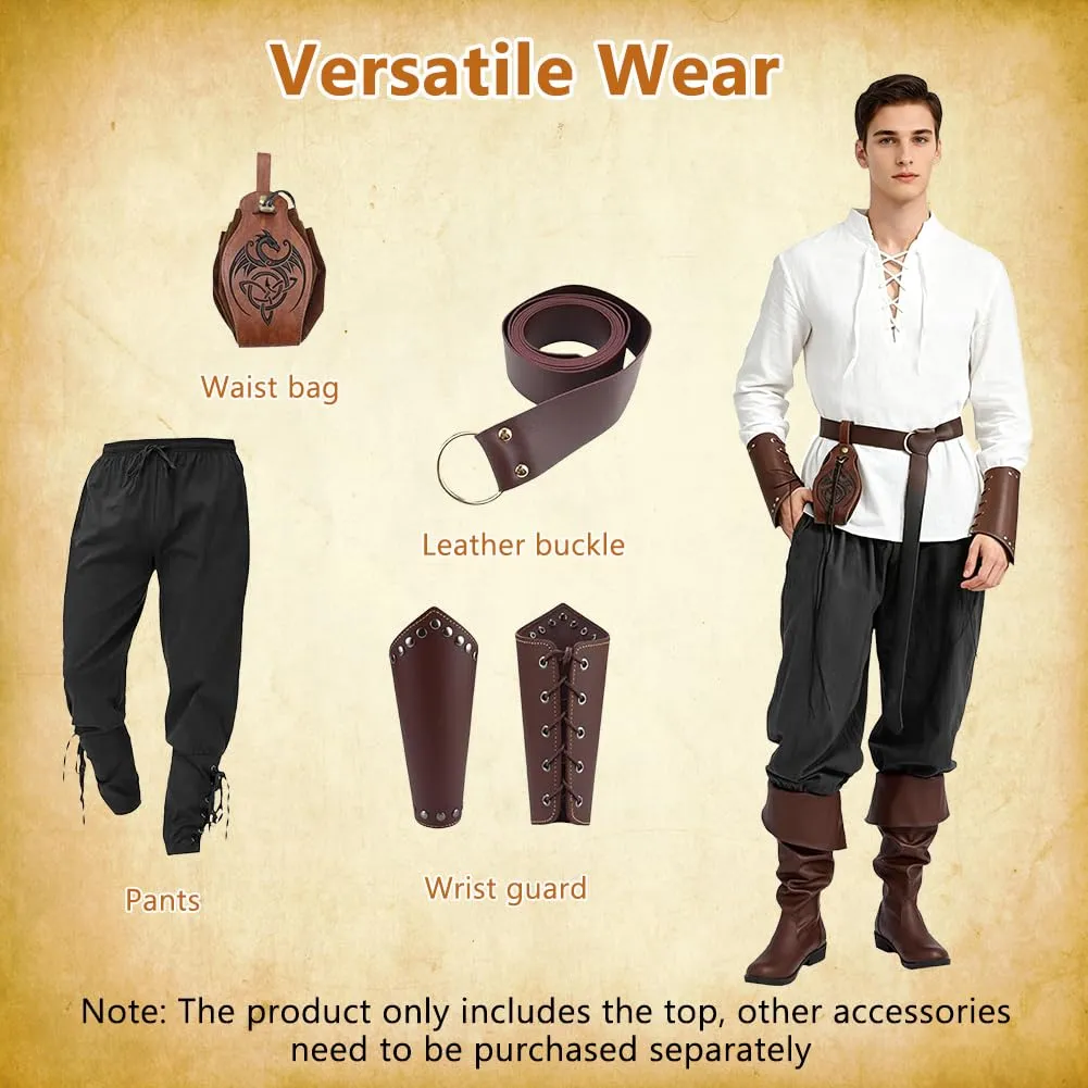 BSBUY Costume Medievale Uomo, Camicia Rinascimentale in Cotone con Lacci, Stile Pirata Gotico, Bianco, XL - immagine 5