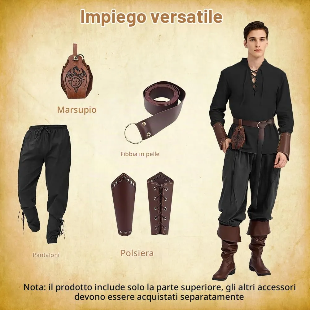 BSBUY Camicia Medievale Rinascimentale da Uomo in Cotone con Lacci, Stile Punk Pirata Gotico, Nero - immagine 5