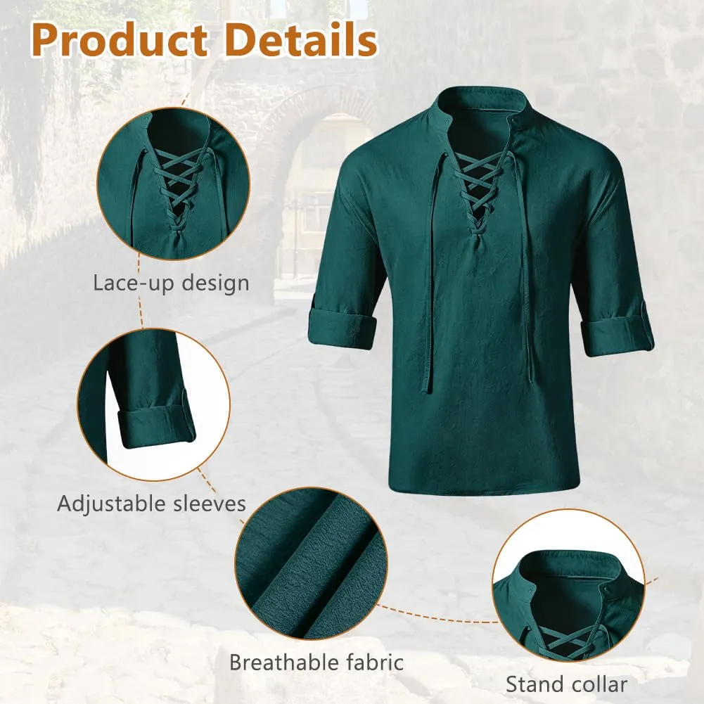 BSBUY Costume Medievale da Uomo, Camicia Rinascimentale in Cotone con Lacci, Stile Gotico Pirata, Verde Scuro, XL - immagine 3