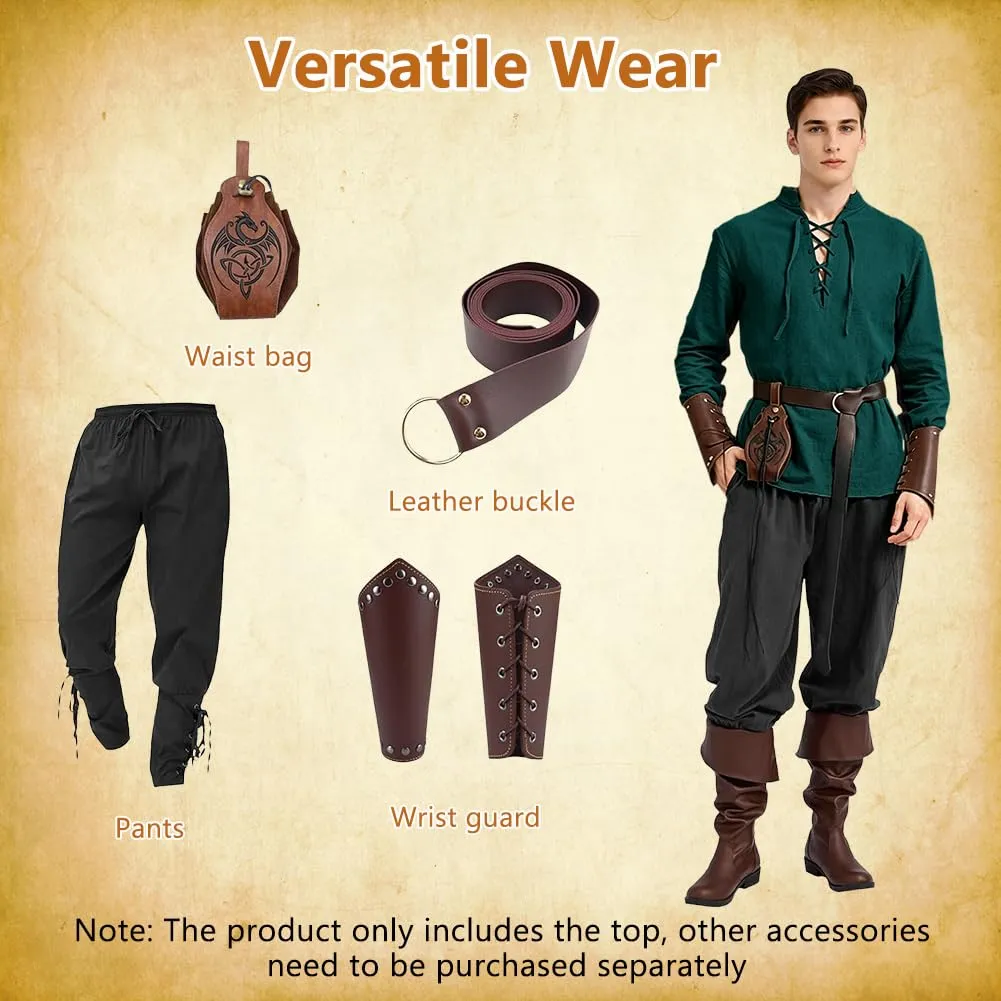 BSBUY Costume Medievale da Uomo, Camicia Rinascimentale in Cotone con Lacci, Stile Gotico Pirata, Verde Scuro, XL - immagine 5
