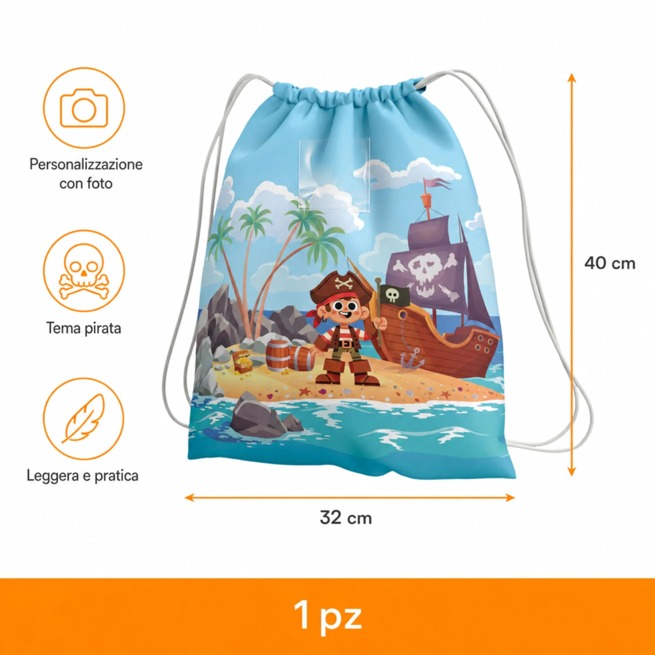 KAÏDENSÏ Sacca Asilo Personalizzata Pirata con Foto, 32x40 cm - immagine 3