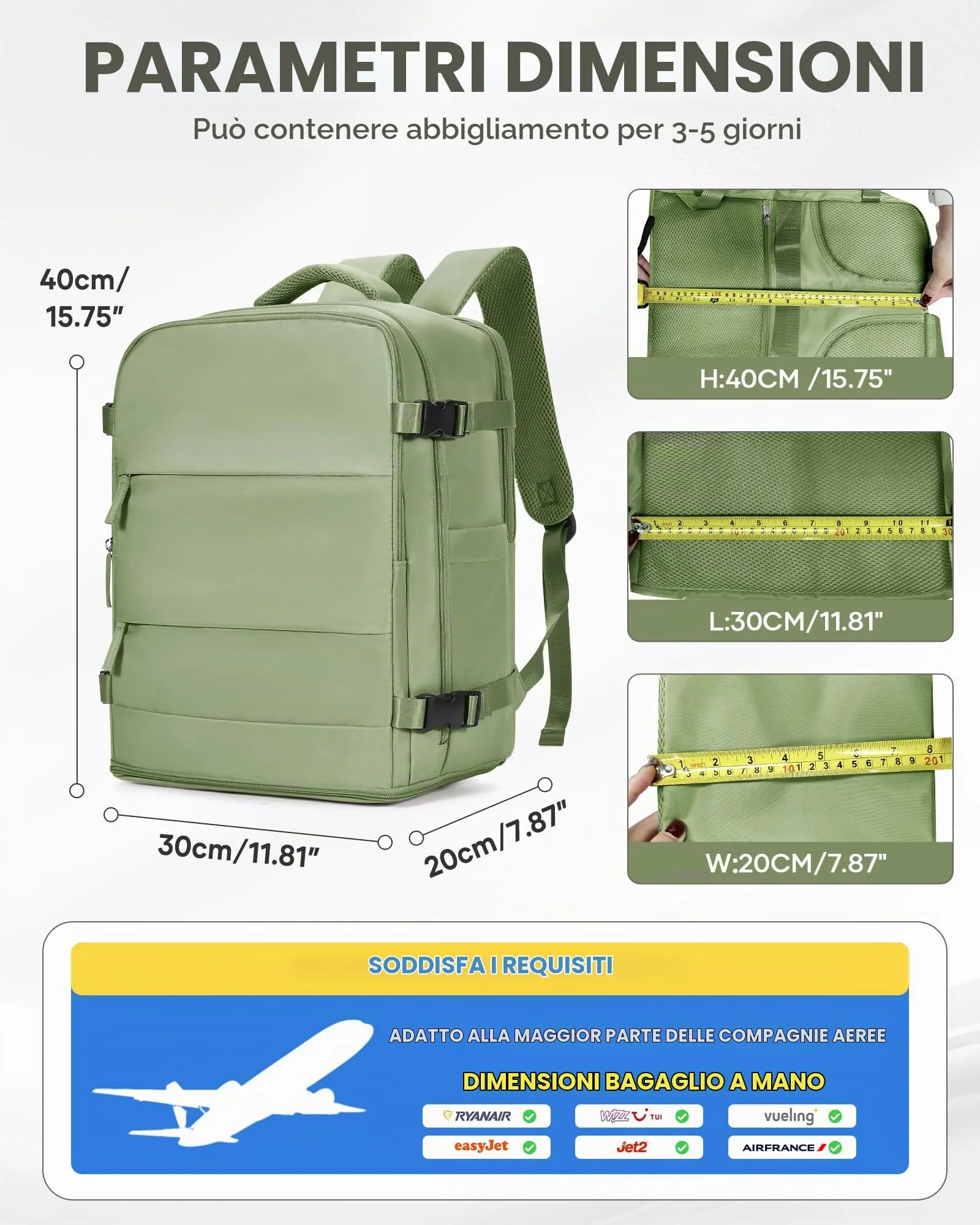 BJLFS Borse da Cabina per Ryanair 40x30x20 Bagaglio a Mano Donna Uomo - immagine 2