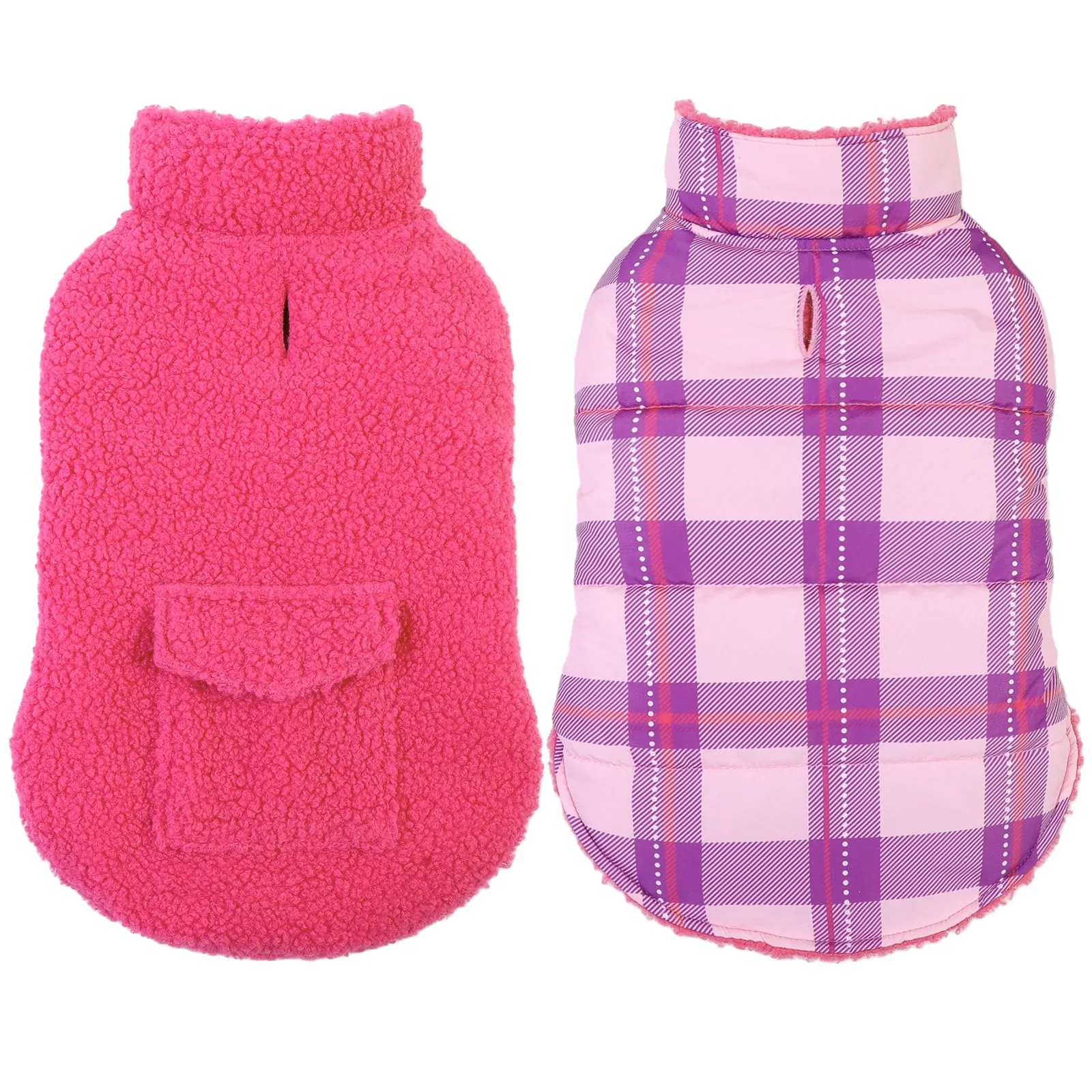 ASENKU Cappotto Cane Invernale Impermeabile Reversibile in Tartan e Pile, Taglia M, Fucsia - immagine 1