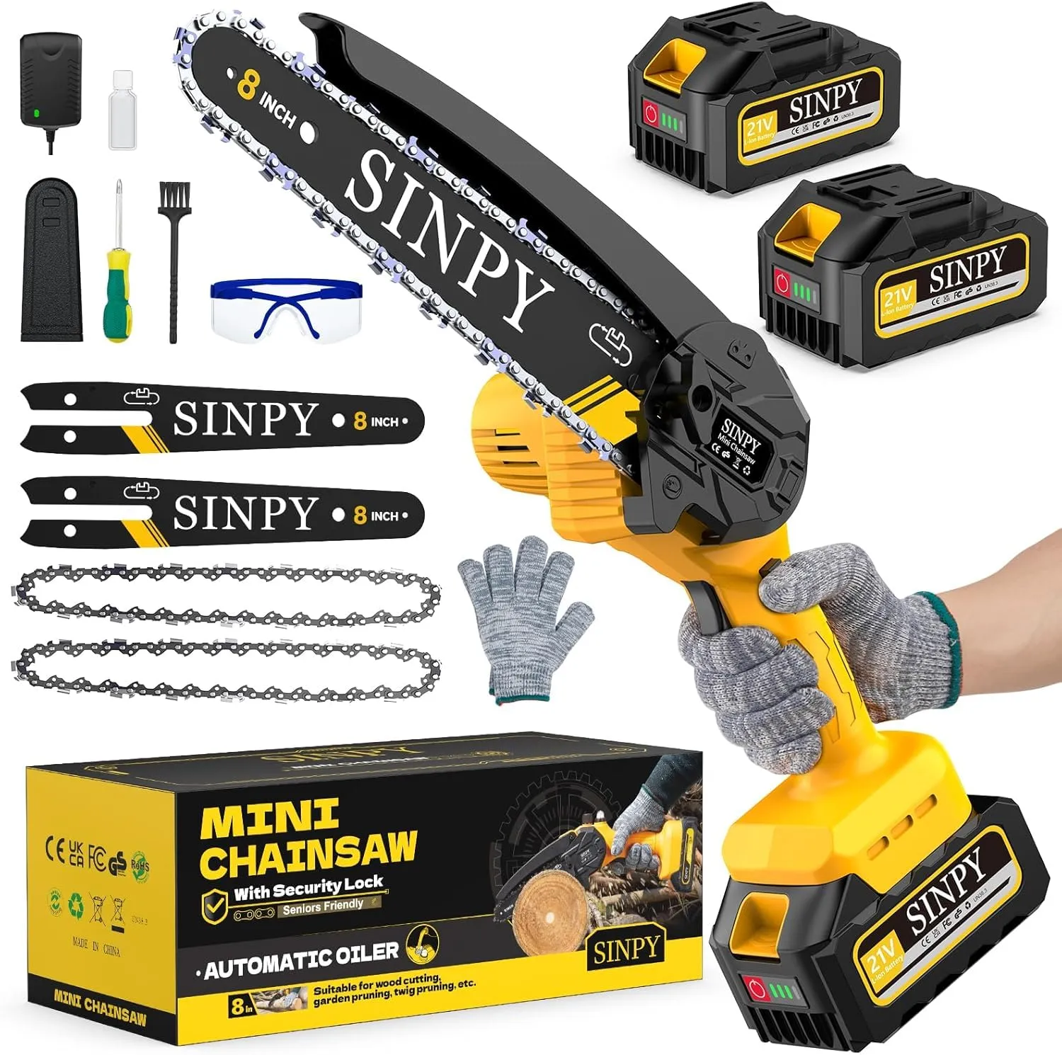 SINPY Mini Motosega a Batteria 8", 880W, 2x4000mAh, con Pompetta Olio e Blocco di Sicurezza - immagine 1