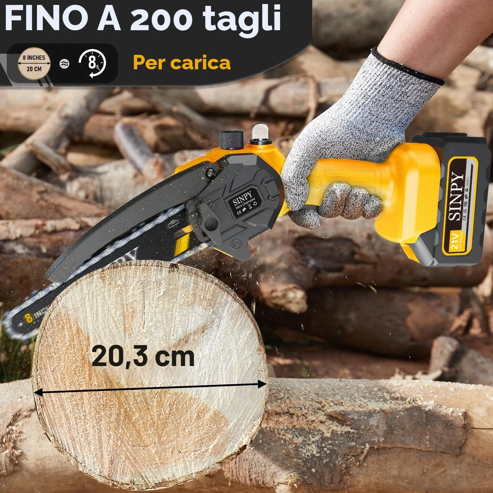 SINPY Mini Motosega a Batteria 8", 880W, 2x4000mAh, con Pompetta Olio e Blocco di Sicurezza - immagine 2