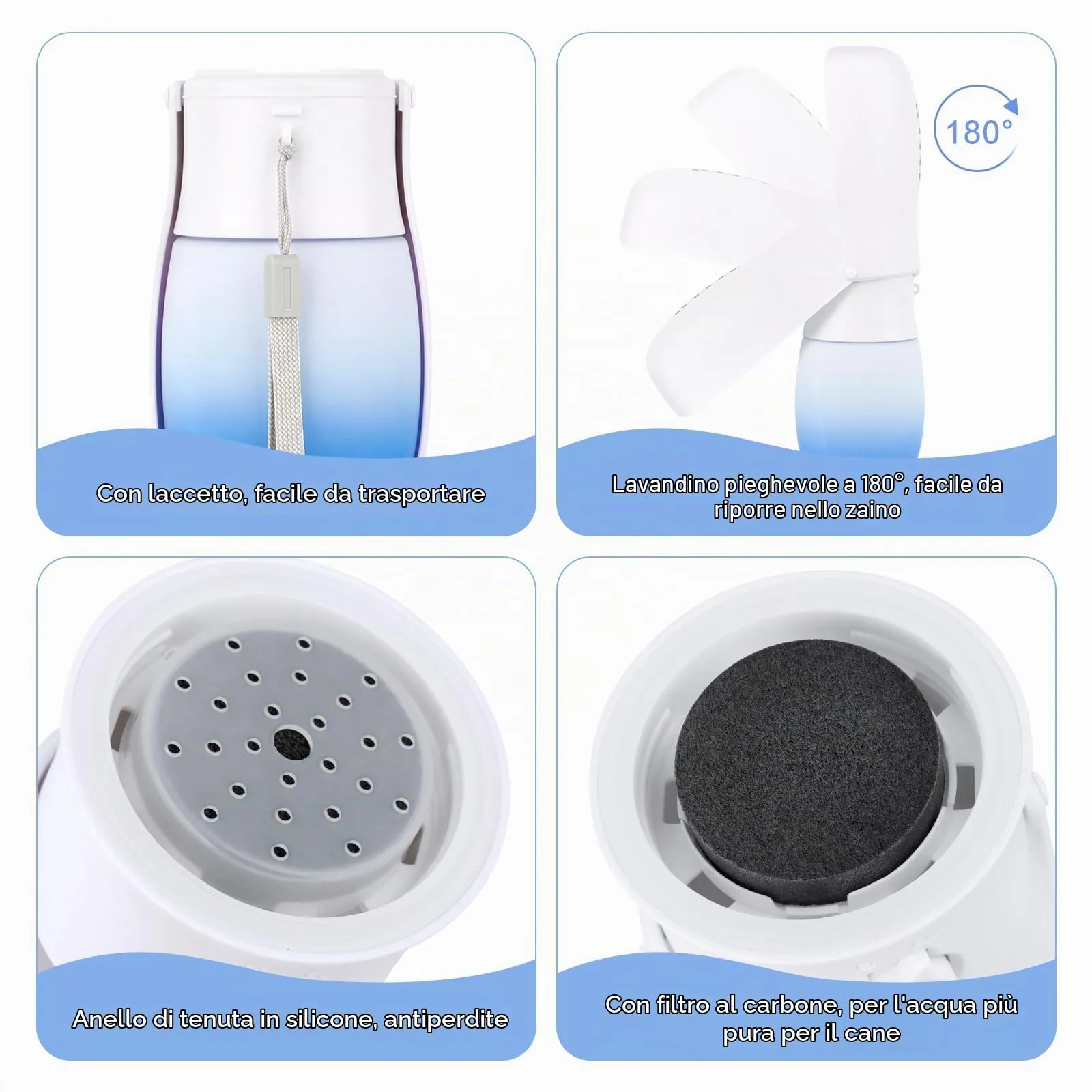JOPHEK Borraccia per Cani Portatile 300ml, Bottiglia da Viaggio Ripiegabile a 180° con Pulsante di Blocco e Filtro a Carboni Attivi - immagine 3