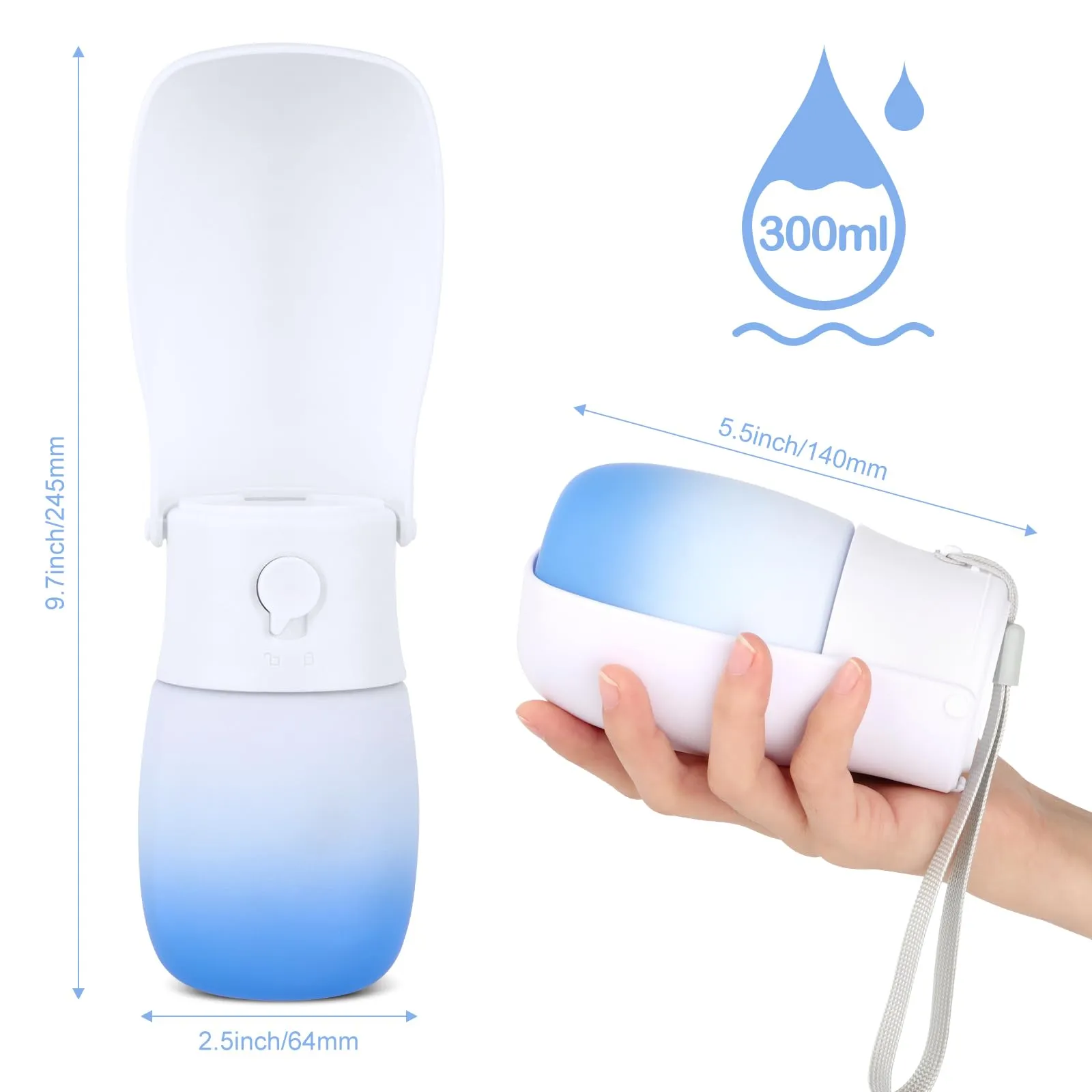 JOPHEK Borraccia per Cani Portatile 300ml, Bottiglia da Viaggio Ripiegabile a 180° con Pulsante di Blocco e Filtro a Carboni Attivi - immagine 6