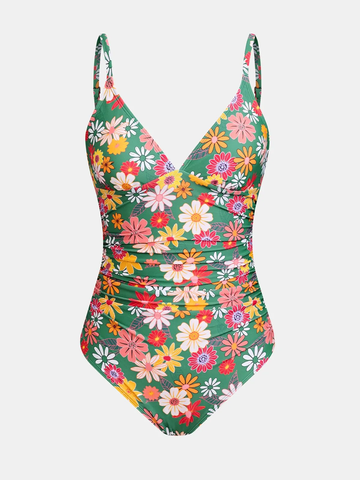 CUPSHE Costume da bagno intero da donna con scollo a V e controllo della pancia, Verde/Rosso Flore, S - immagine 6