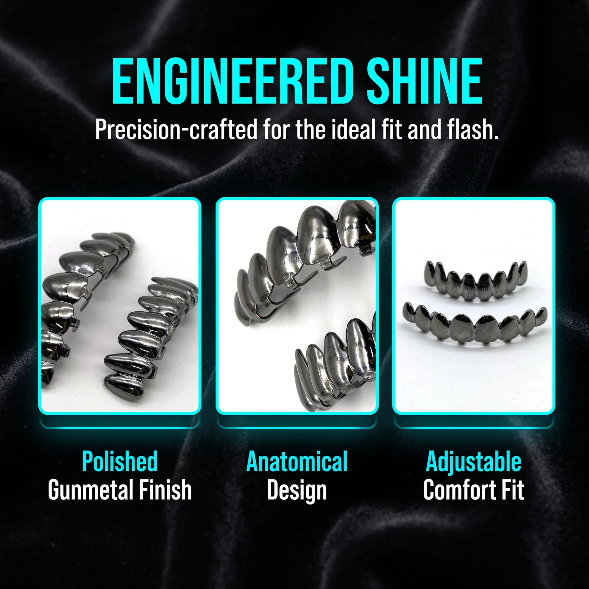 Longhao Grillz Hip Hop per denti, placcati in oro, set completo con 2 forme in silicone - immagine 3
