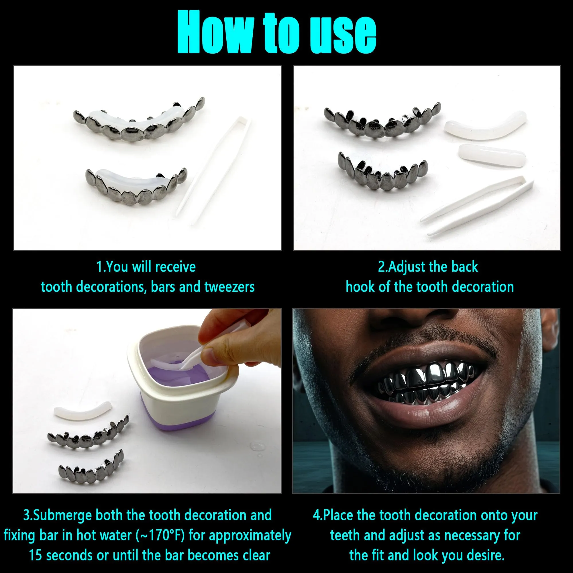 Longhao Grillz Hip Hop per denti, placcati in oro, set completo con 2 forme in silicone - immagine 7