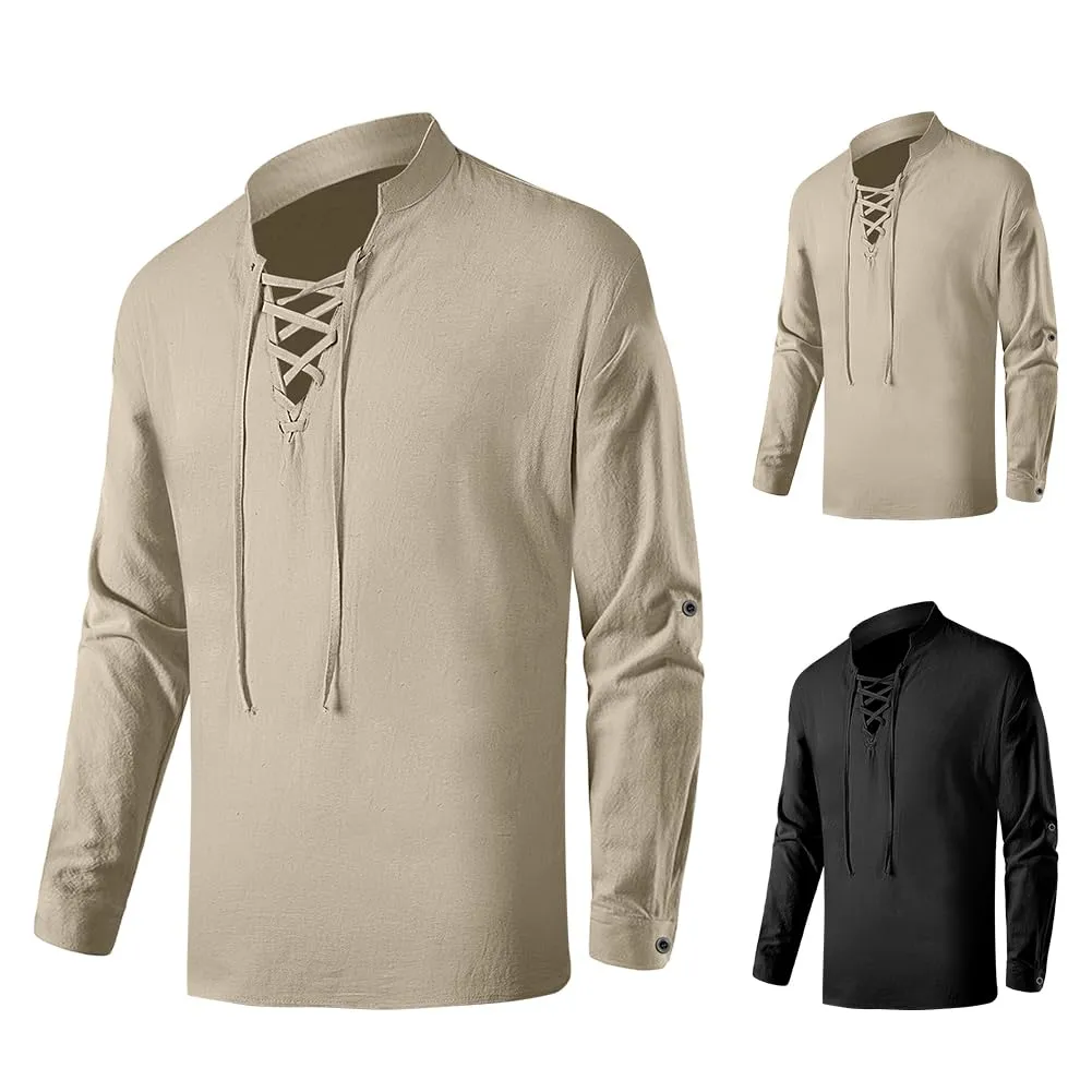 BSBUY Costume Medievale Uomo, Camicia Rinascimentale Vintage in Cotone con Lacci, Stile Pirata Gotico e Punk - immagine 1