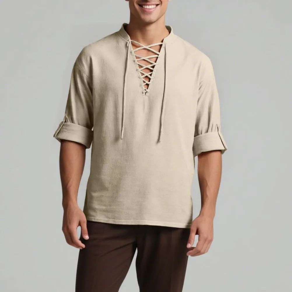 BSBUY Costume Medievale Uomo, Camicia Rinascimentale Vintage in Cotone con Lacci, Stile Pirata Gotico e Punk - immagine 6
