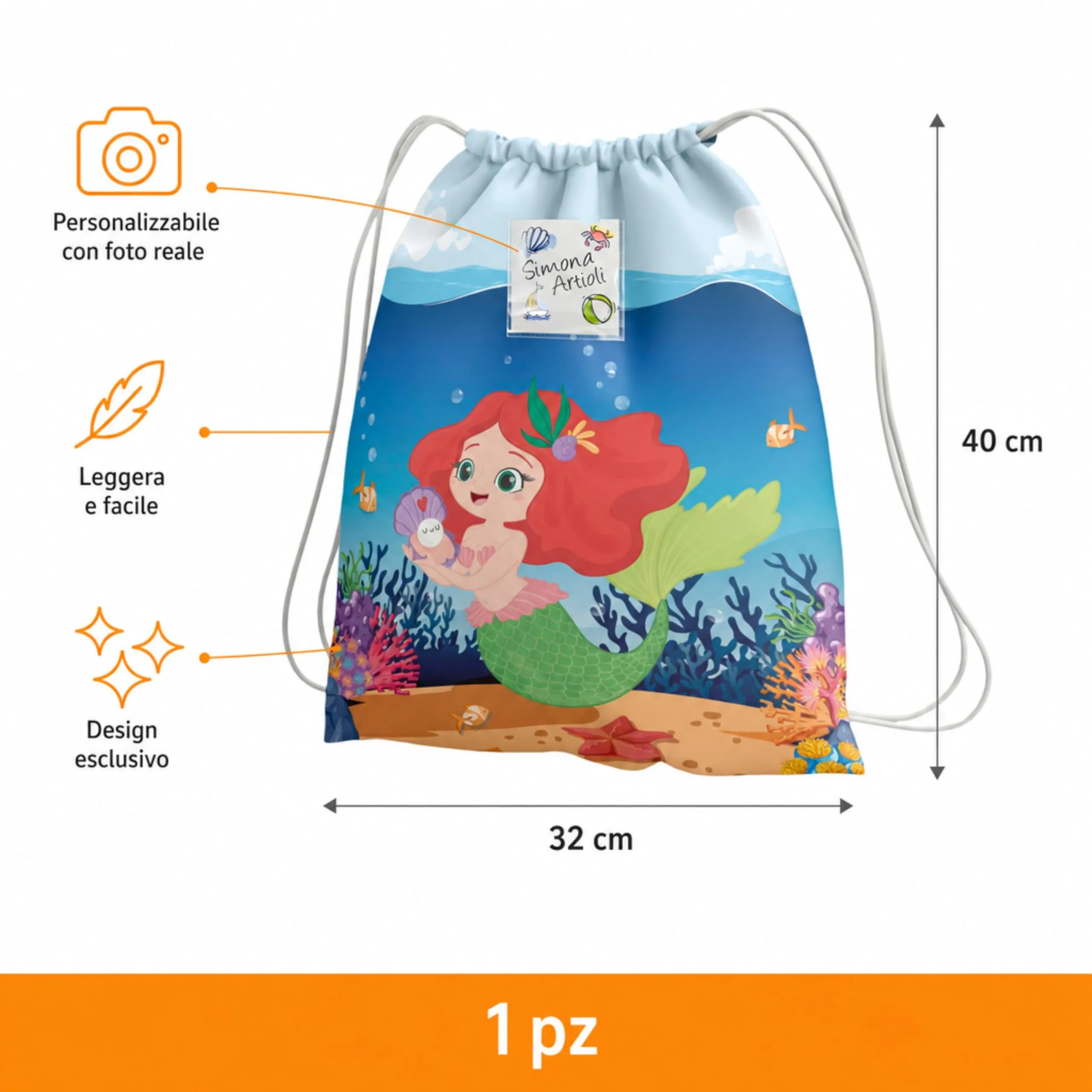 KAÏDENSÏ Sacca Asilo Personalizzata Sirena con Foto, 32x40 cm - immagine 2