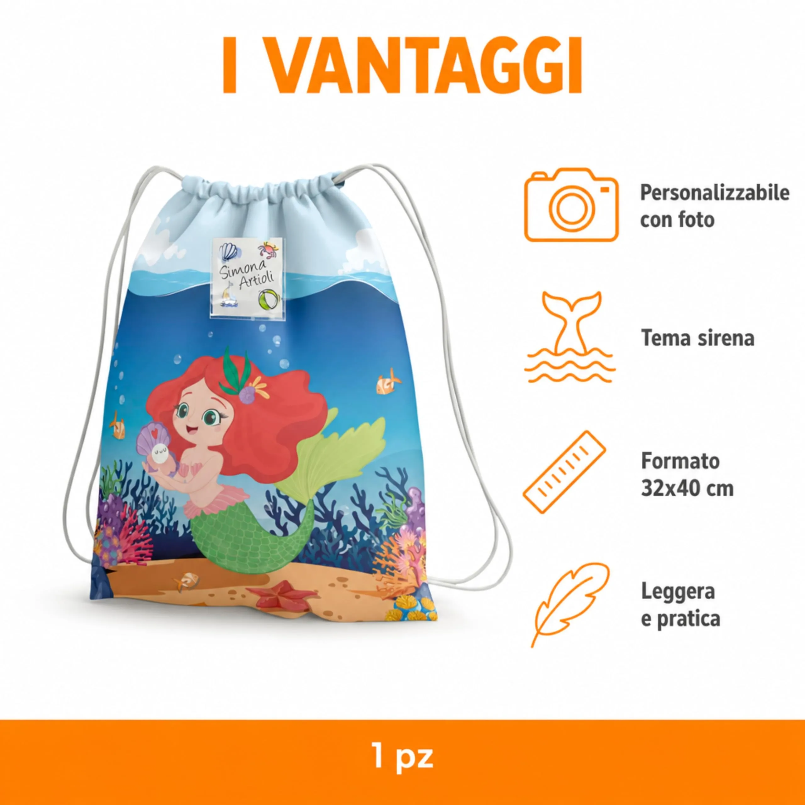 KAÏDENSÏ Sacca Asilo Personalizzata Sirena con Foto, 32x40 cm - immagine 3