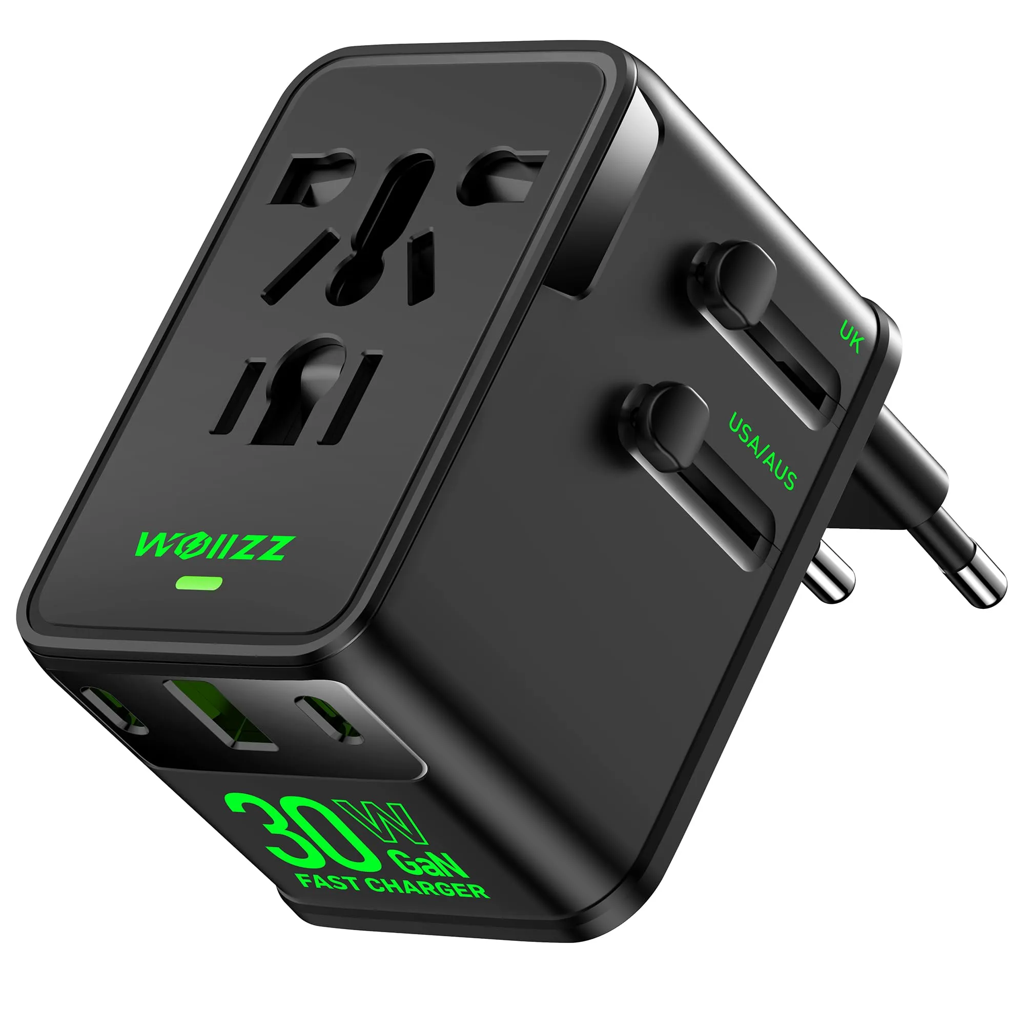 Wollz Adattatore da Viaggio Universale GaN 30W, 4 Porte (1 AC, 1 USB-A, 2 USB-C), WL-TA001, Nero - immagine 1