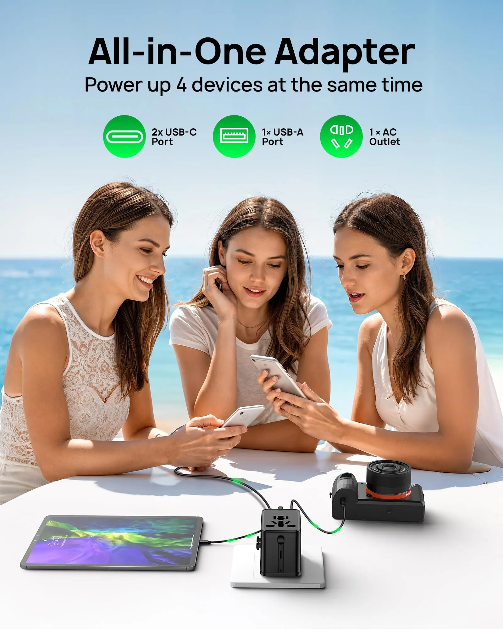 Wollz Adattatore da Viaggio Universale GaN 30W, 4 Porte (1 AC, 1 USB-A, 2 USB-C), WL-TA001, Nero - immagine 3