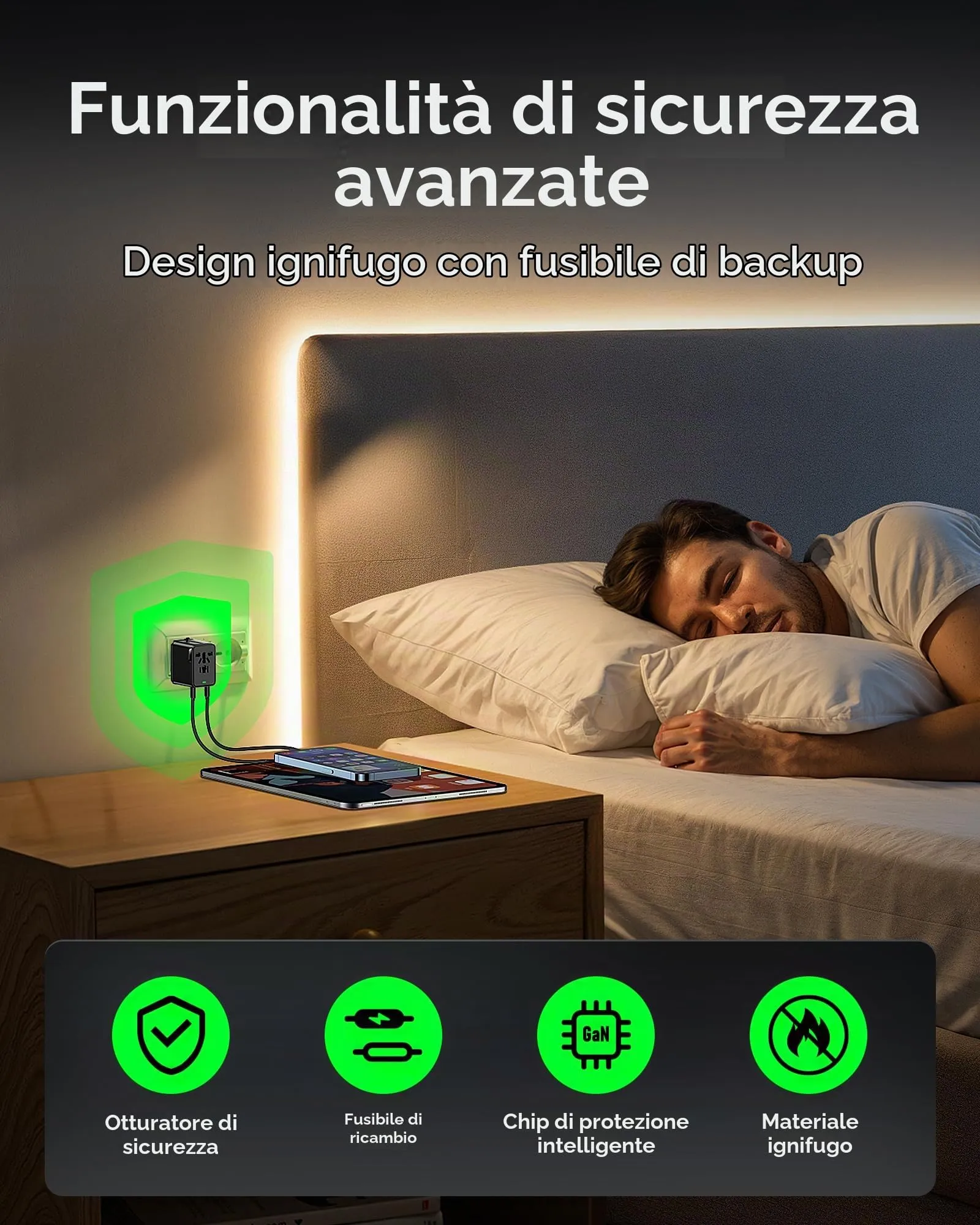 Wollz Adattatore da Viaggio Universale GaN 30W, 4 Porte (1 AC, 1 USB-A, 2 USB-C), WL-TA001, Nero - immagine 4
