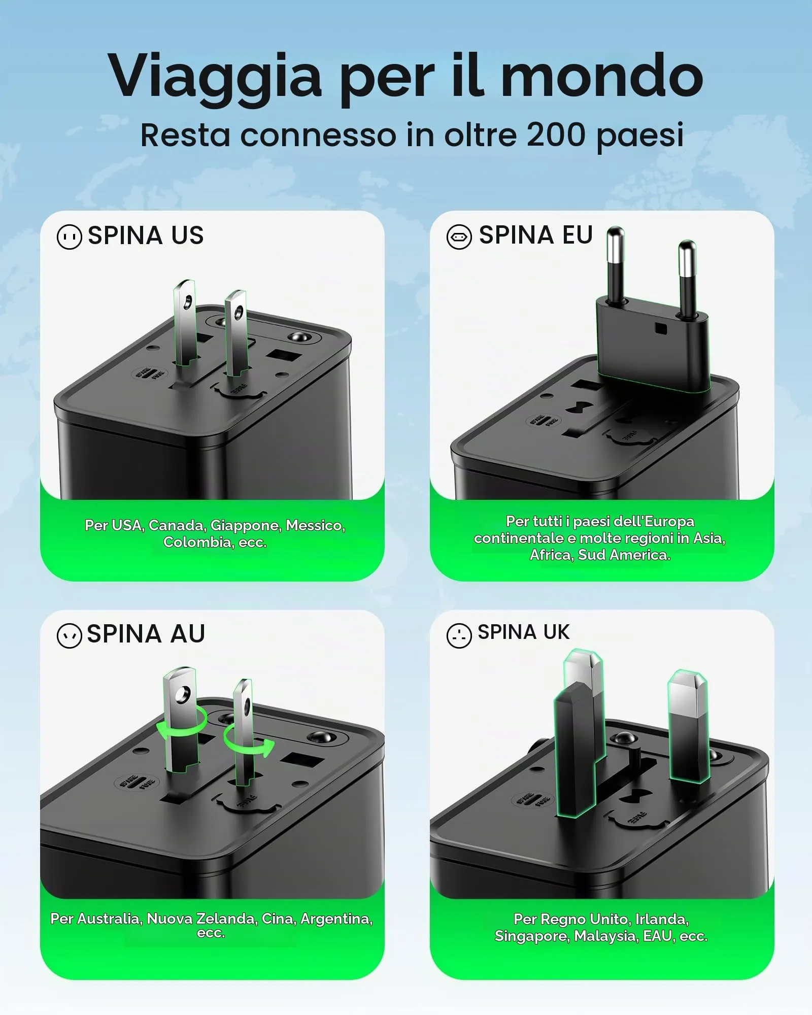 Wollz Adattatore da Viaggio Universale GaN 30W, 4 Porte (1 AC, 1 USB-A, 2 USB-C), WL-TA001, Nero - immagine 5
