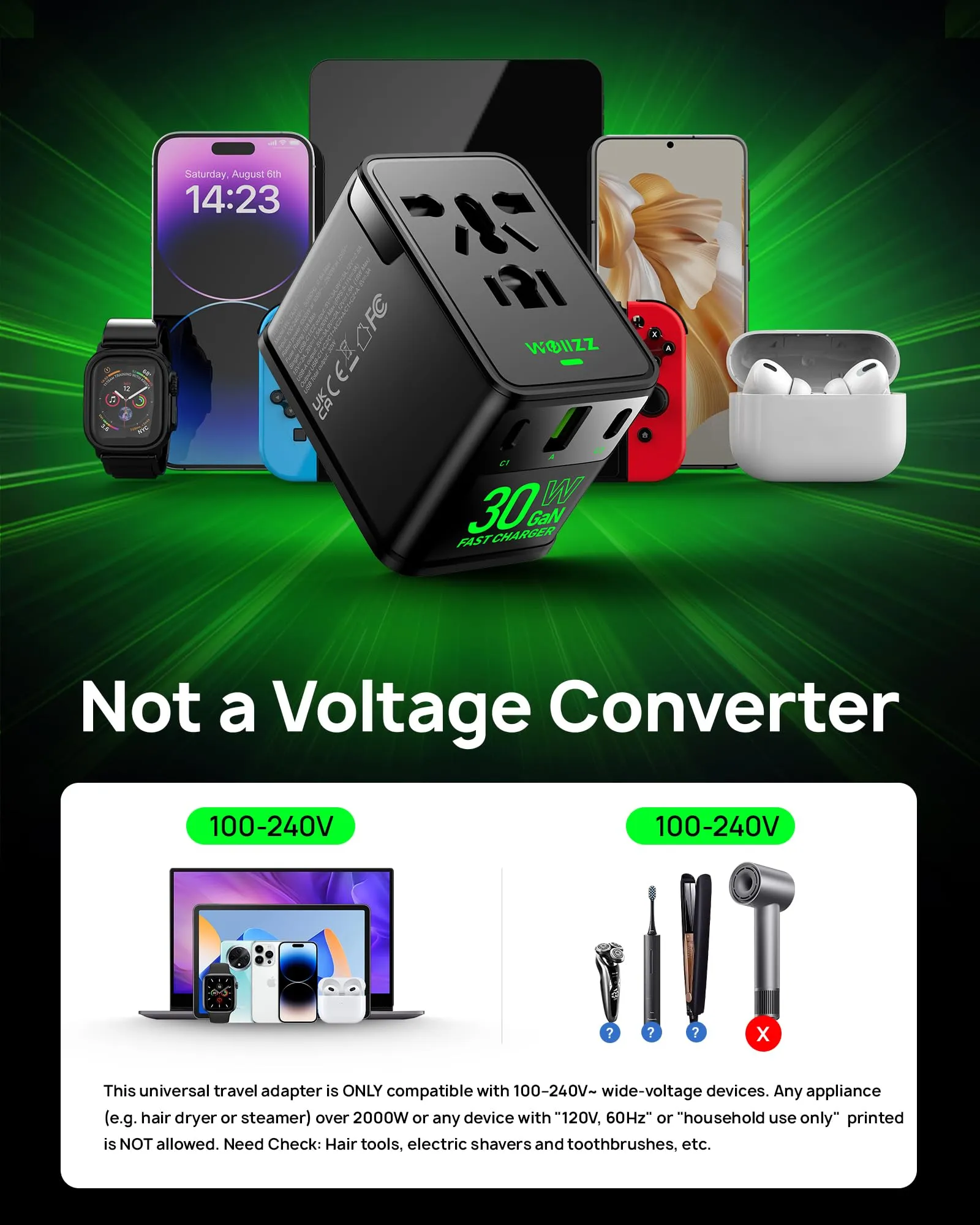 Wollz Adattatore da Viaggio Universale GaN 30W, 4 Porte (1 AC, 1 USB-A, 2 USB-C), WL-TA001, Nero - immagine 6