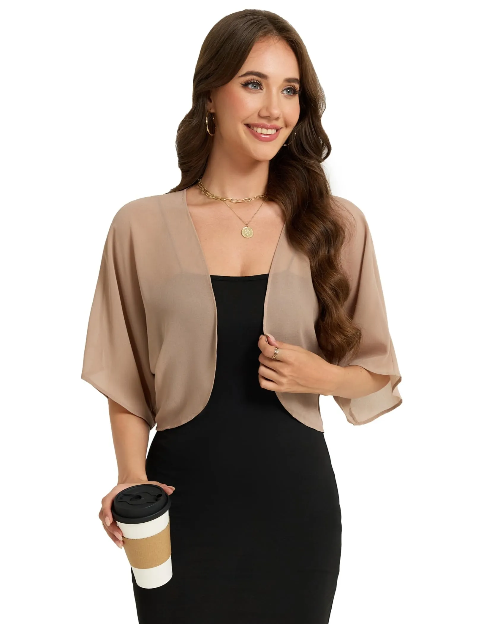 Dosieyeo Bolero da donna in chiffon, maniche a 3/4, marrone, XXL - immagine 1