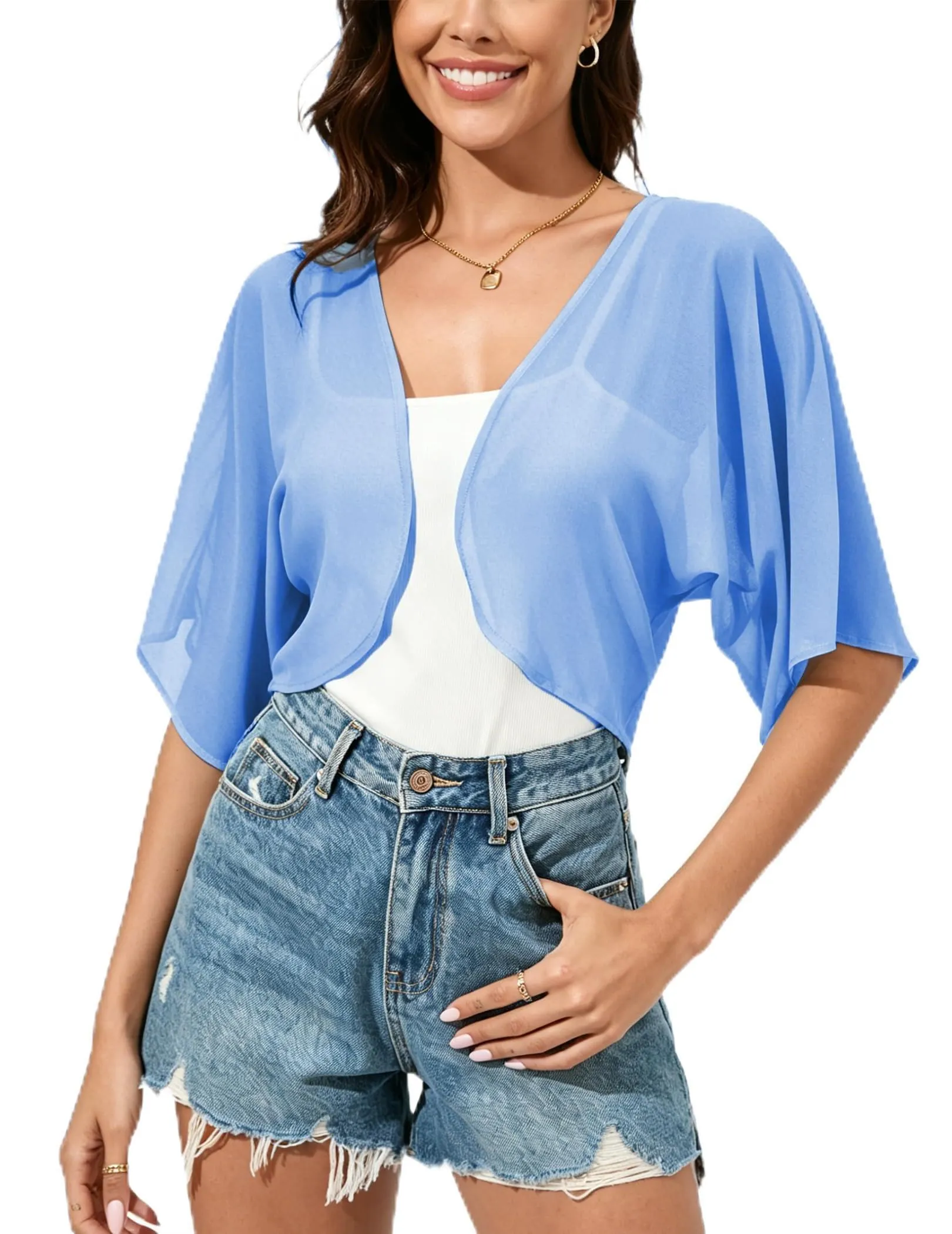 Dosieyeo Bolero da Donna in Chiffon, Maniche a 3/4, Azzurro, XXL - immagine 1