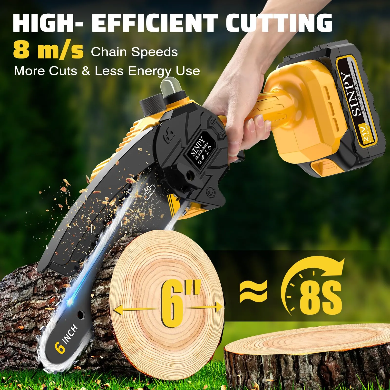 SINPY Mini Motosega a Batteria MNCS-118, 880W 6 Pollici con Pompetta Olio, 2x4000 mAh Batterie e Caricatore Rapido - immagine 3