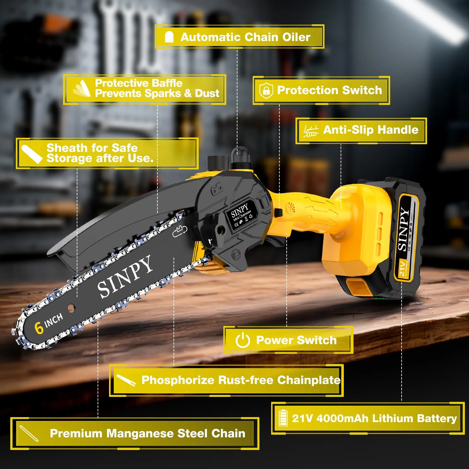 SINPY Mini Motosega a Batteria MNCS-118, 880W 6 Pollici con Pompetta Olio, 2x4000 mAh Batterie e Caricatore Rapido - immagine 7