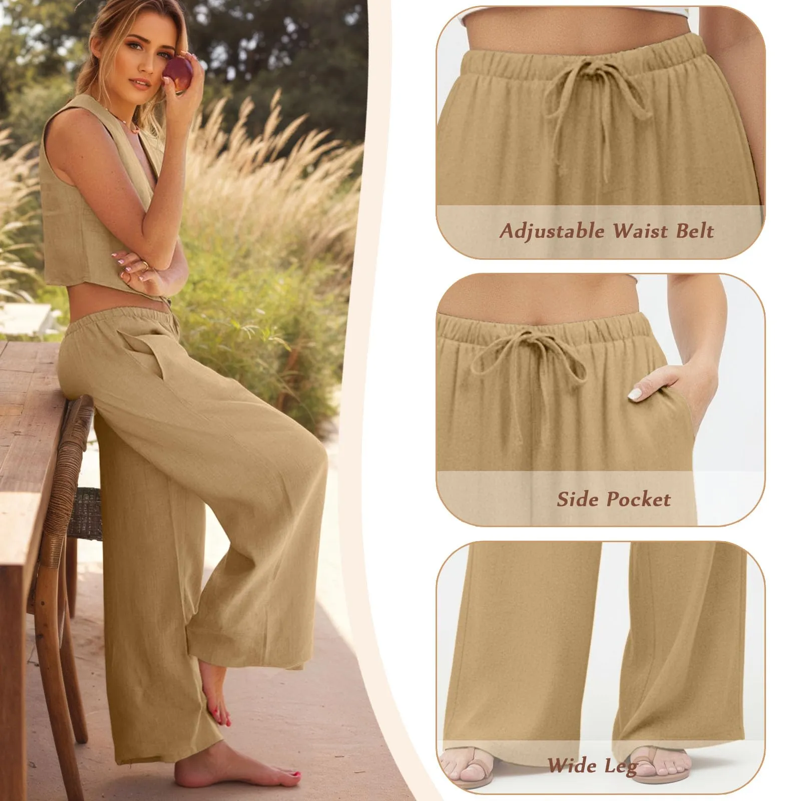 Neteson Pantaloni in Lino Donna a Gamba Larga con Vita Elastica - immagine 4
