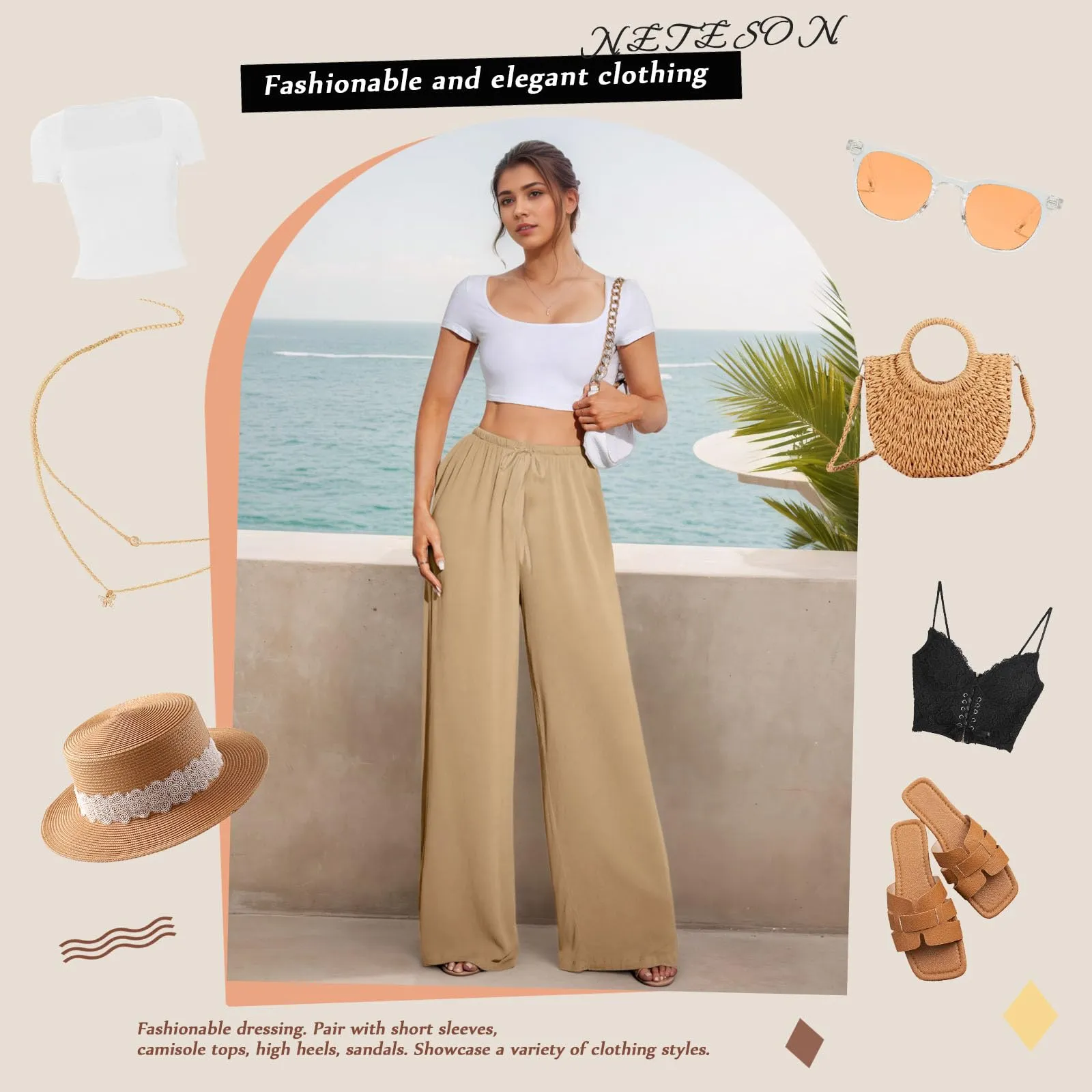 Neteson Pantaloni in Lino Donna a Gamba Larga con Vita Elastica - immagine 5