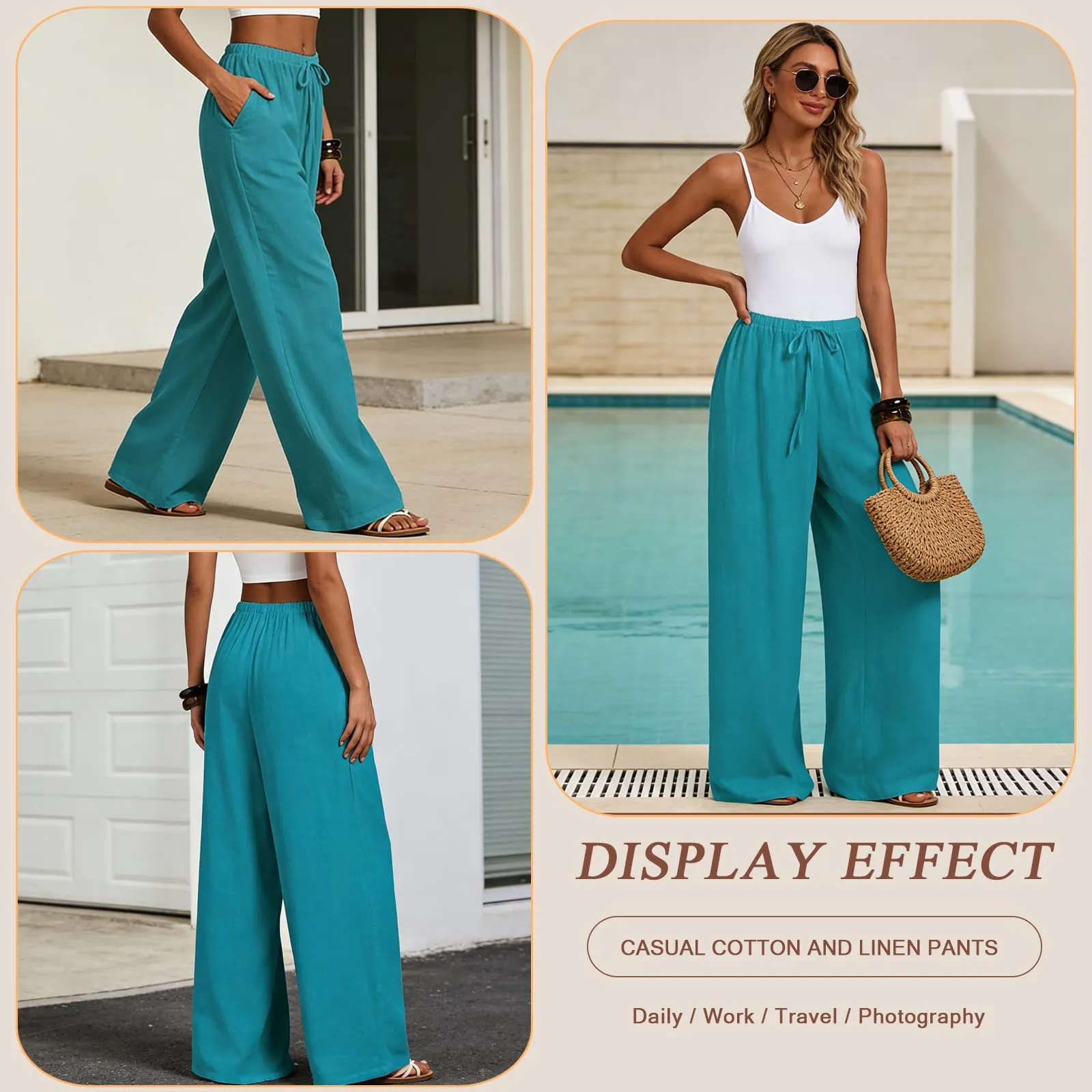 Neteson Pantaloni in Lino Donna Larghi Leggeri con Vita Elastica - immagine 2